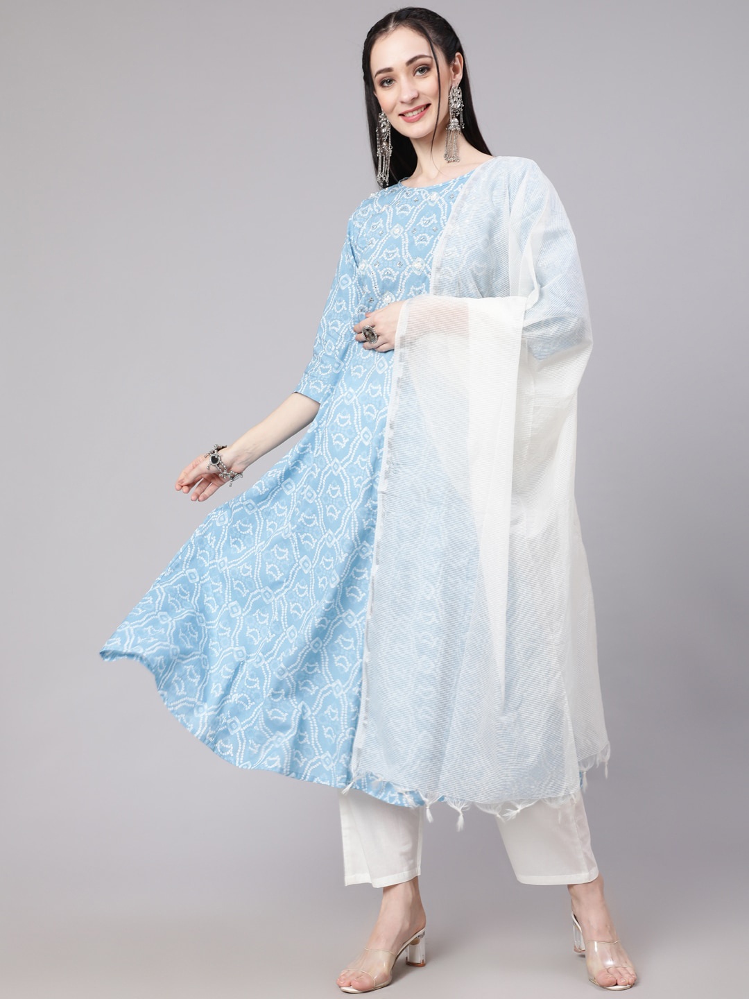 

THE NKS PLUS Women Bandhani Printed Pure Cotton Kurta with Trousers & With Dupatta, Blue