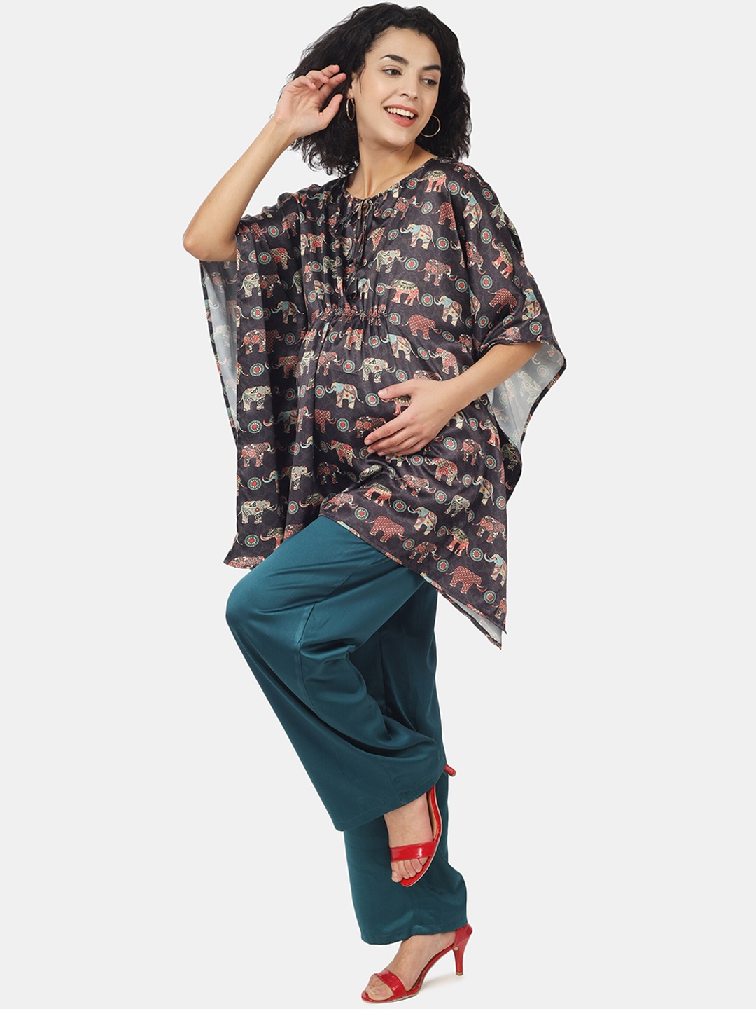 

angloindu Women Plus Size Maternity Printed Kaftan & Trouser Co-Ords, Black