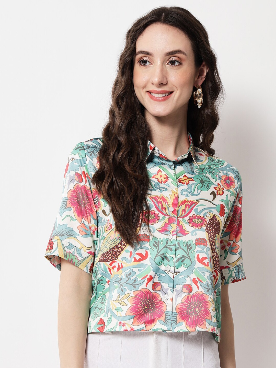 

angloindu Women Boxy Floral Printed Crop Casual Shirt, Cream