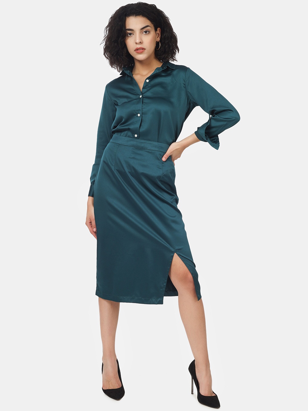 

angloindu Women Shirt & Midi-Skirt Co-Ords, Green