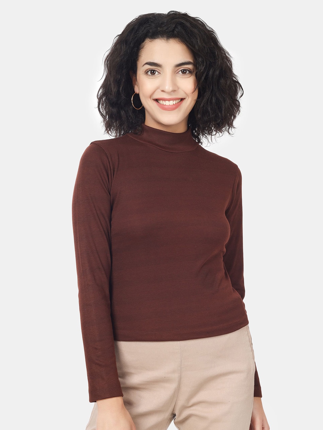 

angloindu Long Sleeves High Neck T-Shirt, Brown