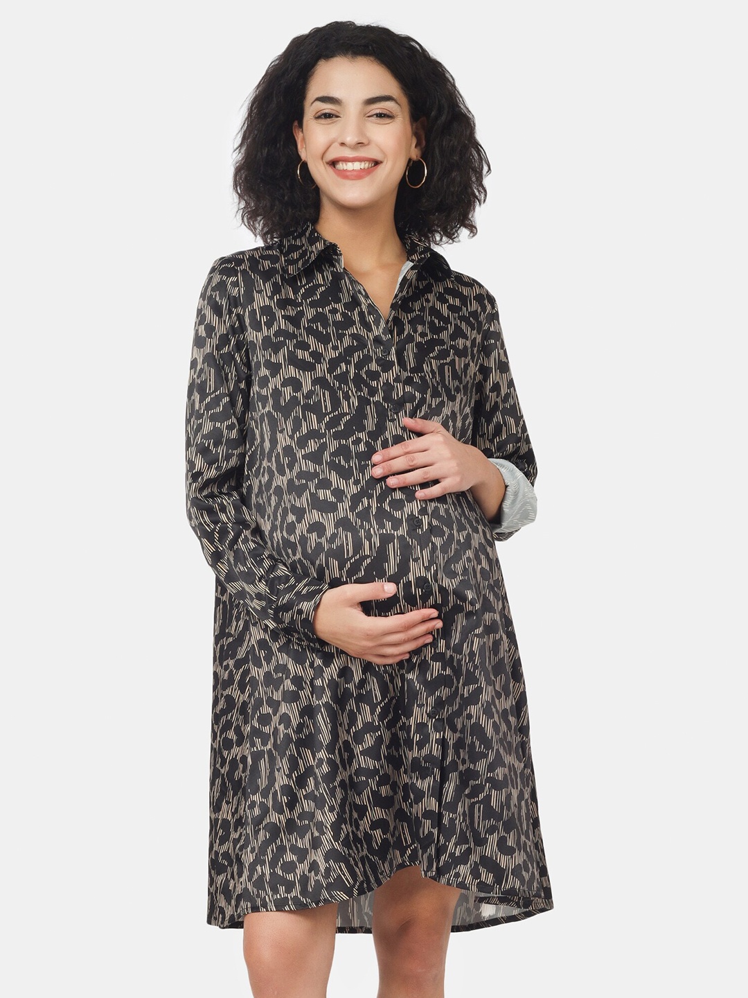 

angloindu Animal Satin Maternity Shirt Dress, Black