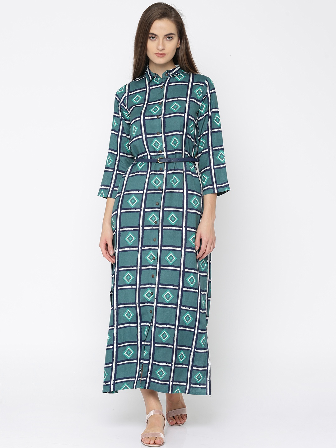 

Global Desi Women Green Checked Shirt Dress