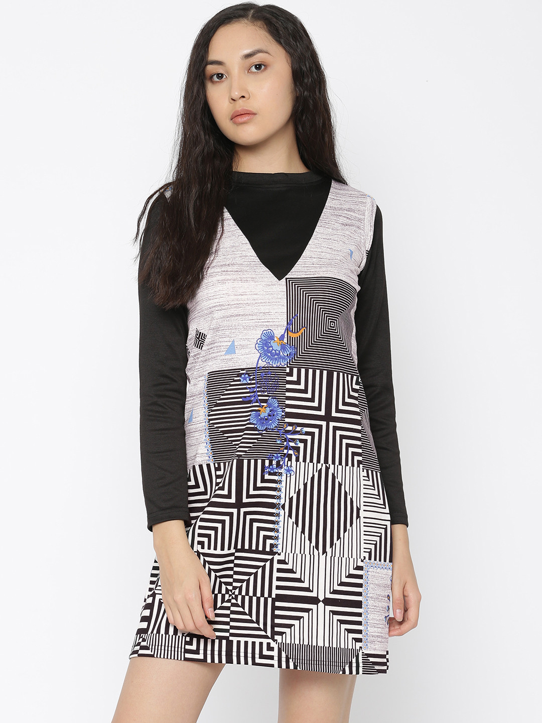 

Global Desi Women Off-White & Black Printed A-Line Dress