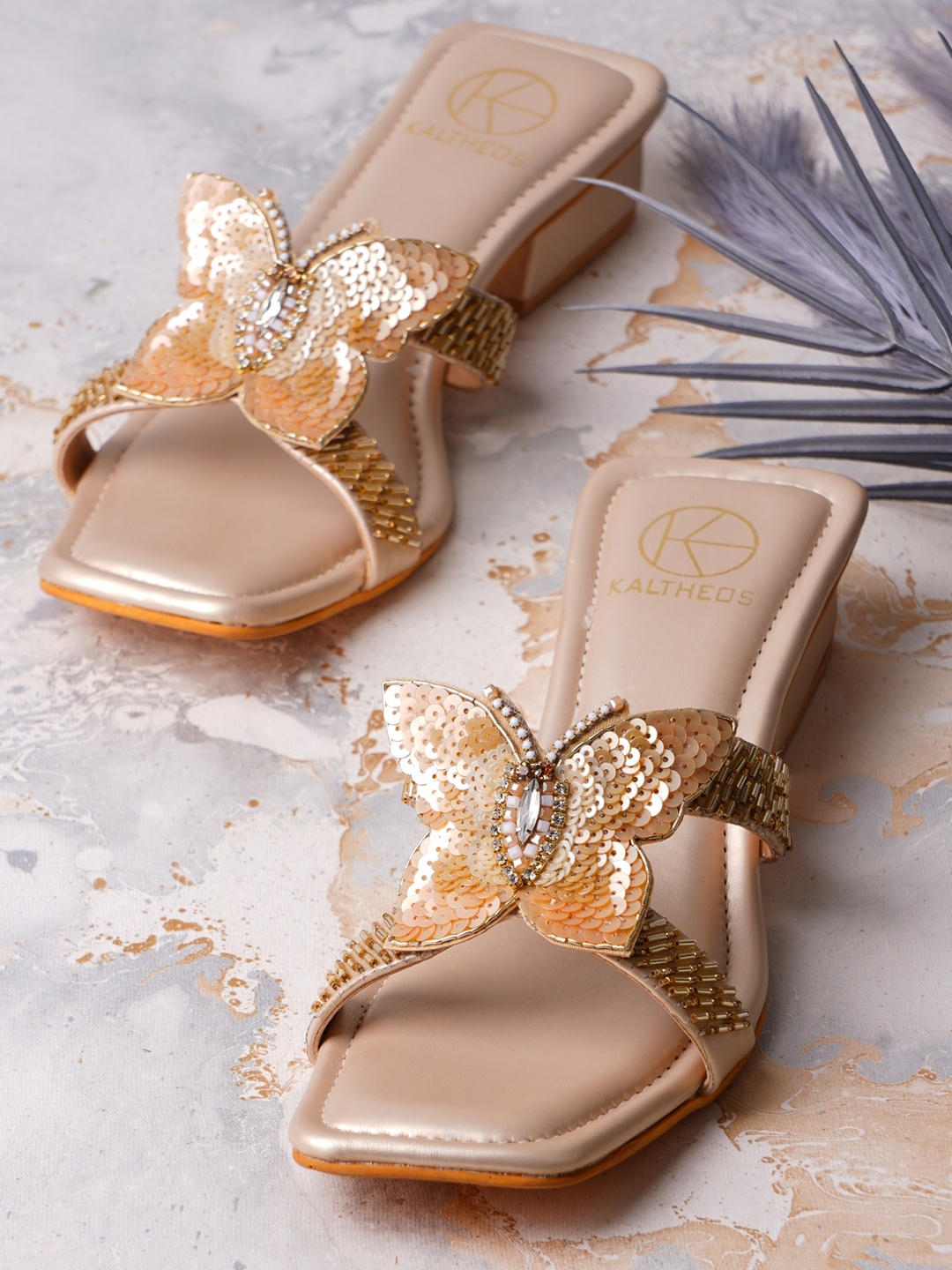

KALTHEOS Embellished PU Party Block Heels, Gold
