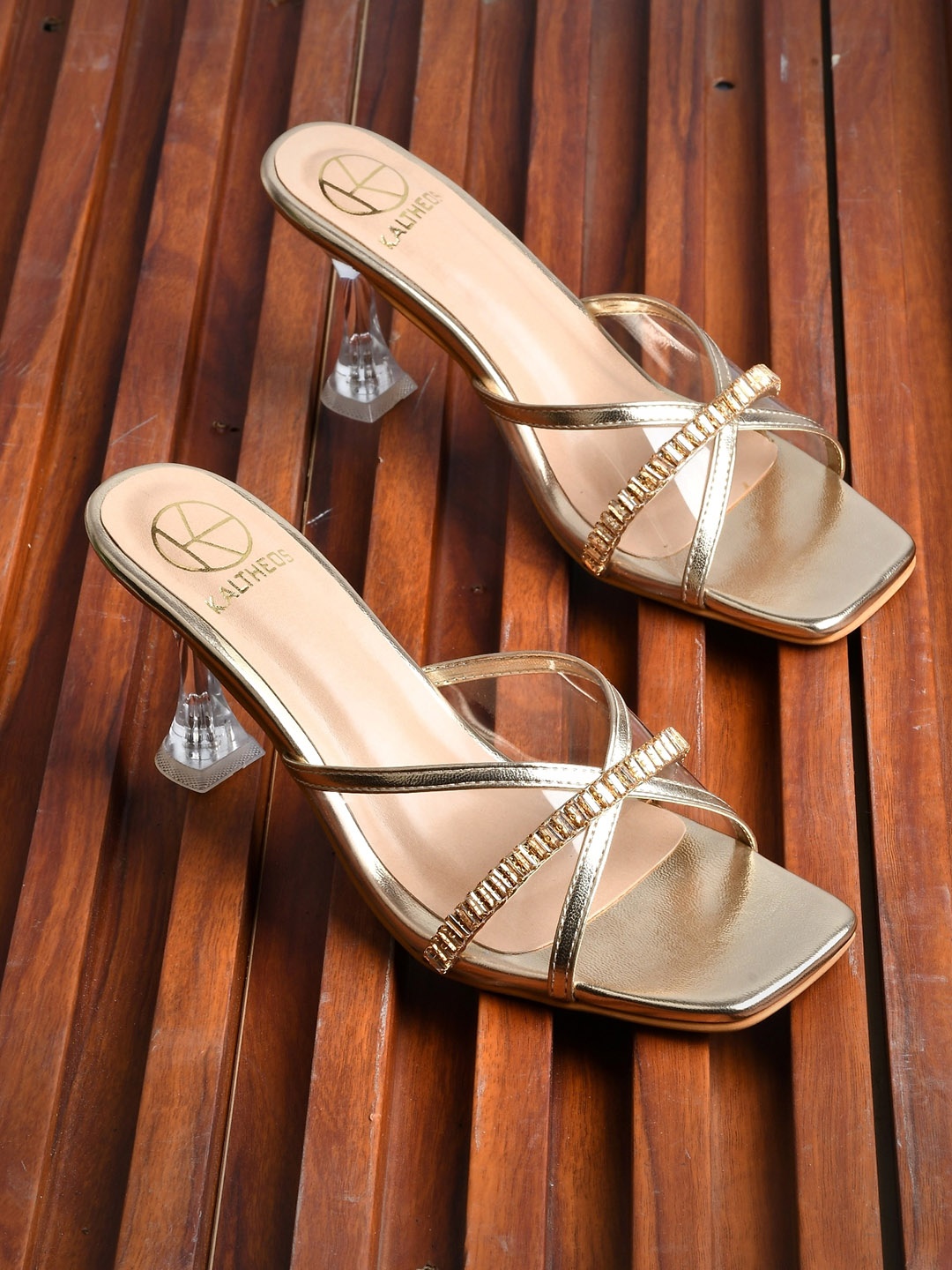 

KALTHEOS Embellished Party Block Heels, Gold