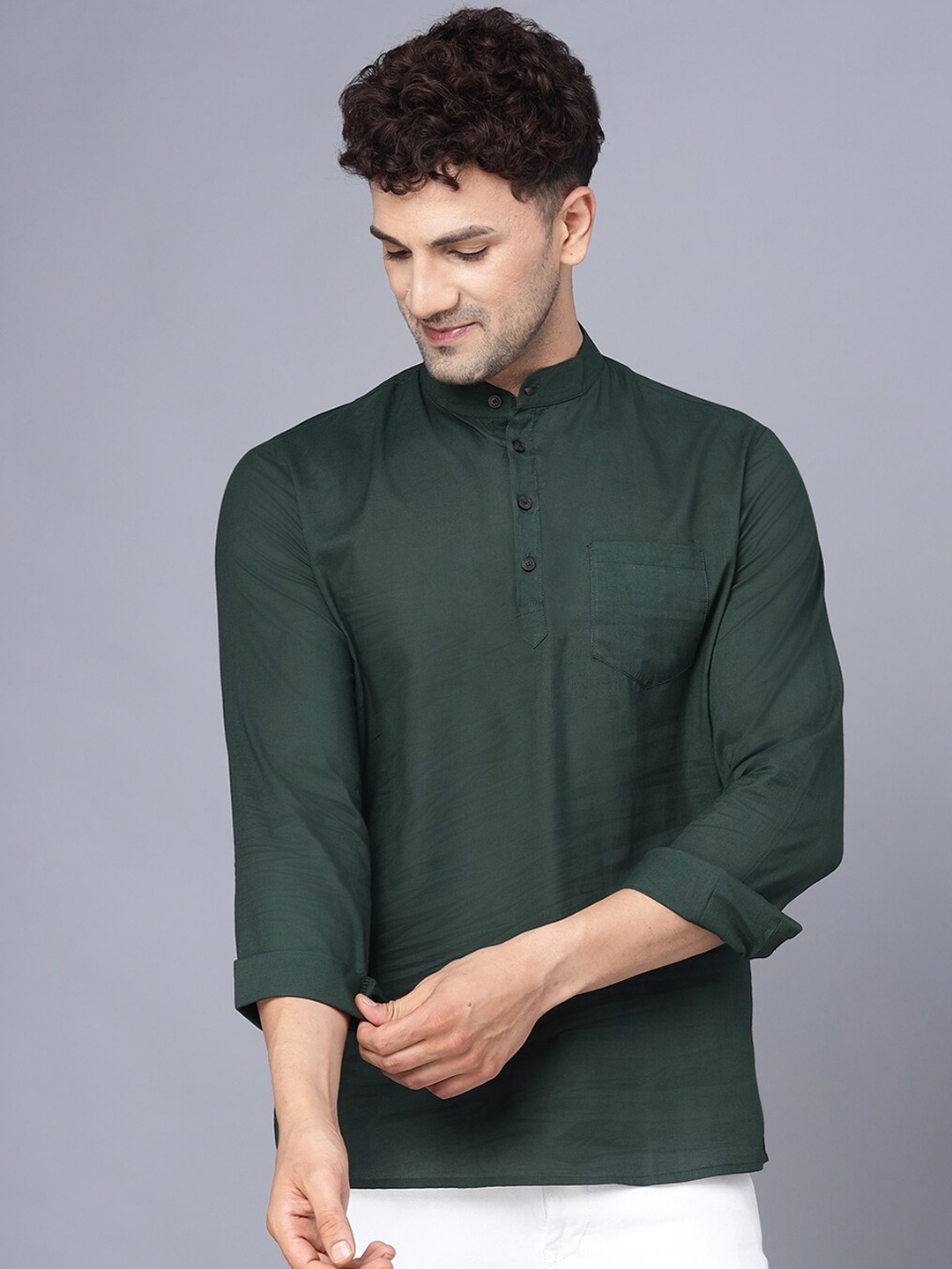 

THE EG STORE Men Mandarin Collar Cotton Kurta, Green