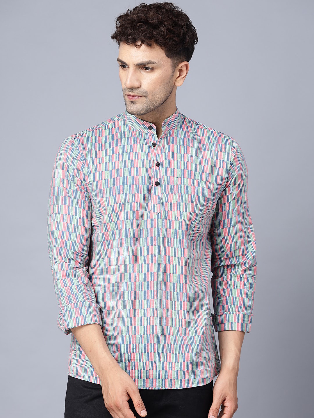 

THE EG STORE Printed Band Collar Cotton Kurta, Green