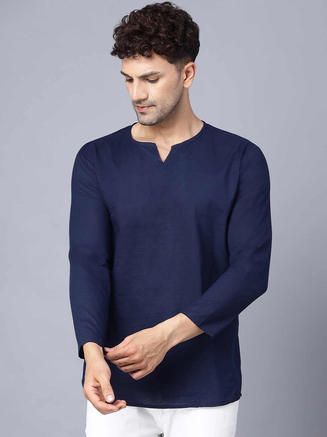 

THE EG STORE Men Round Neck Cotton Kurta, Navy blue