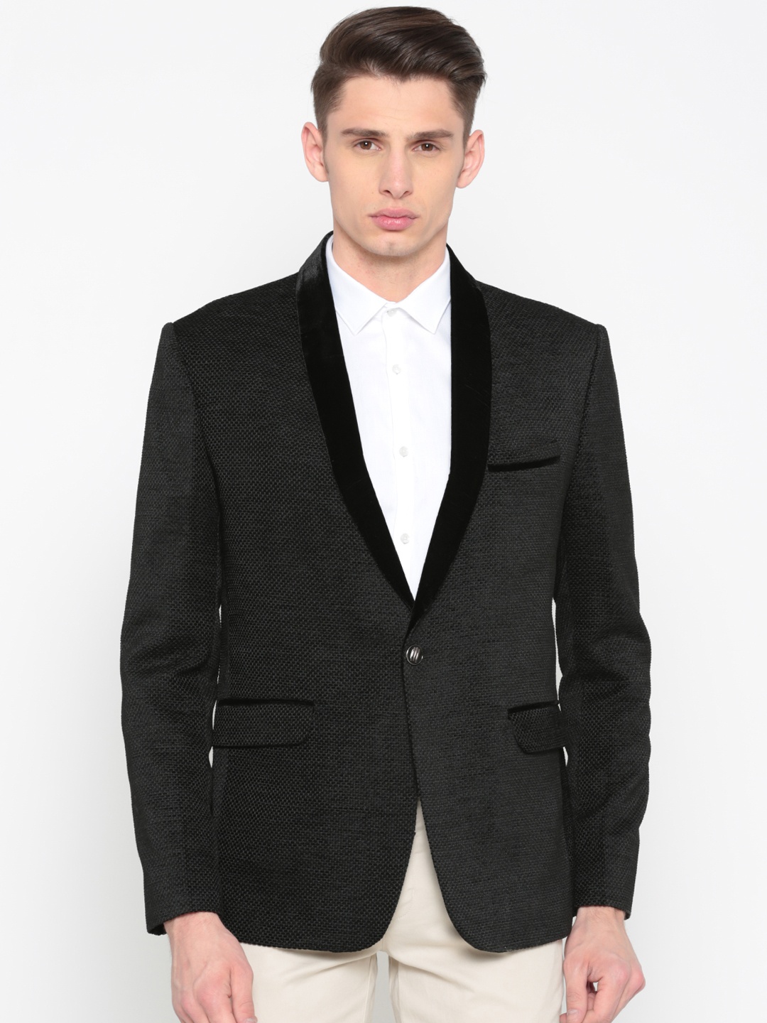 

RG DESIGNERS Men Black Self-Design Single-Breasted Formal Blazer