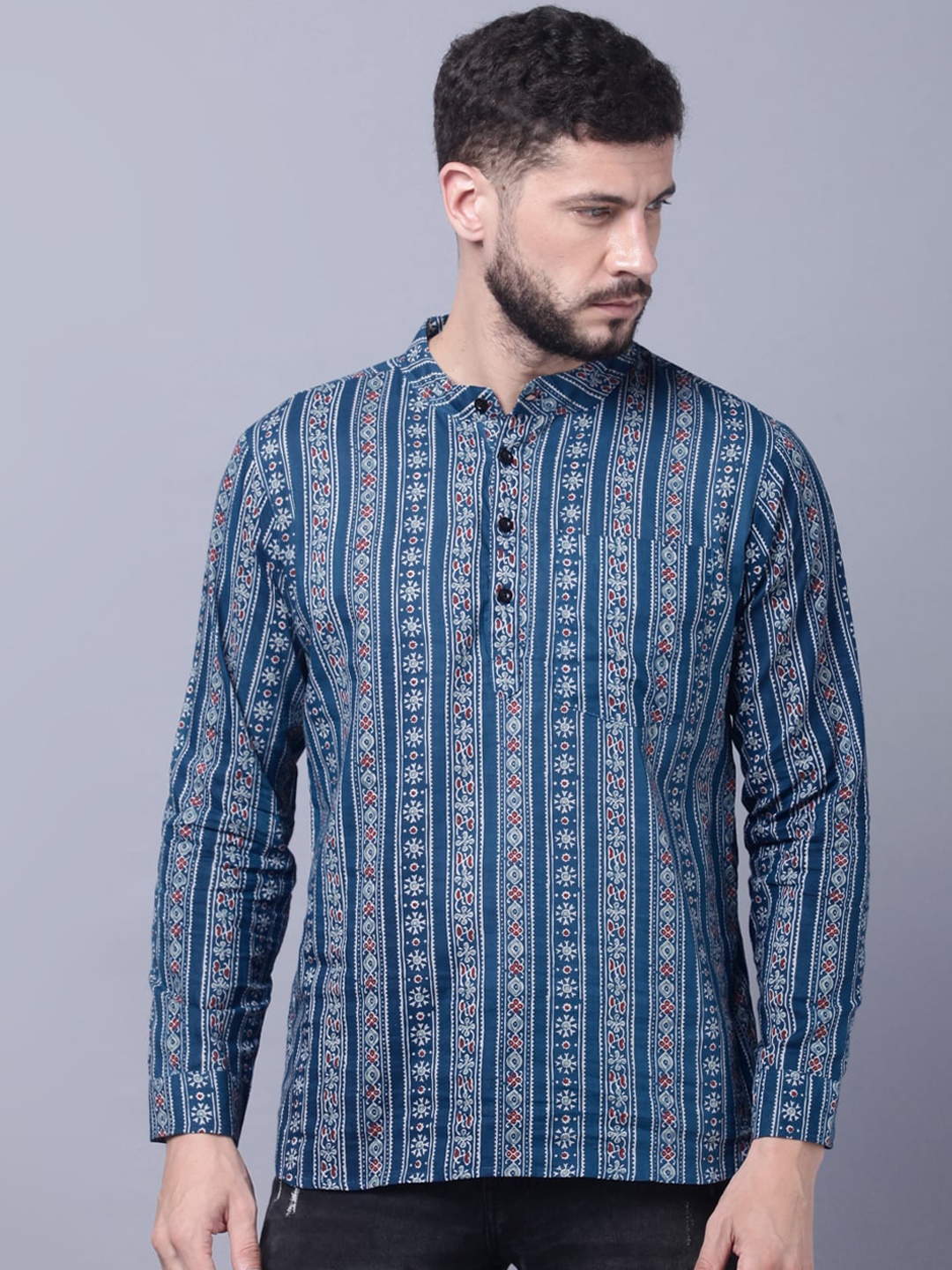 

THE EG STORE Printed Mandarin Collar Straight Cotton Kurta, Blue
