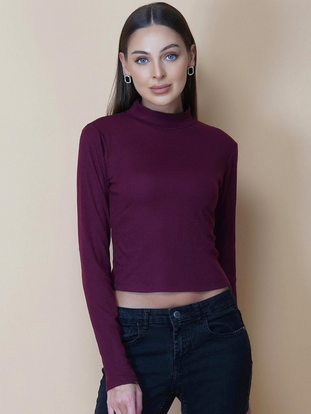 

RAASSIO Women Ribbed High Neck Cotton Crop Top, Burgundy