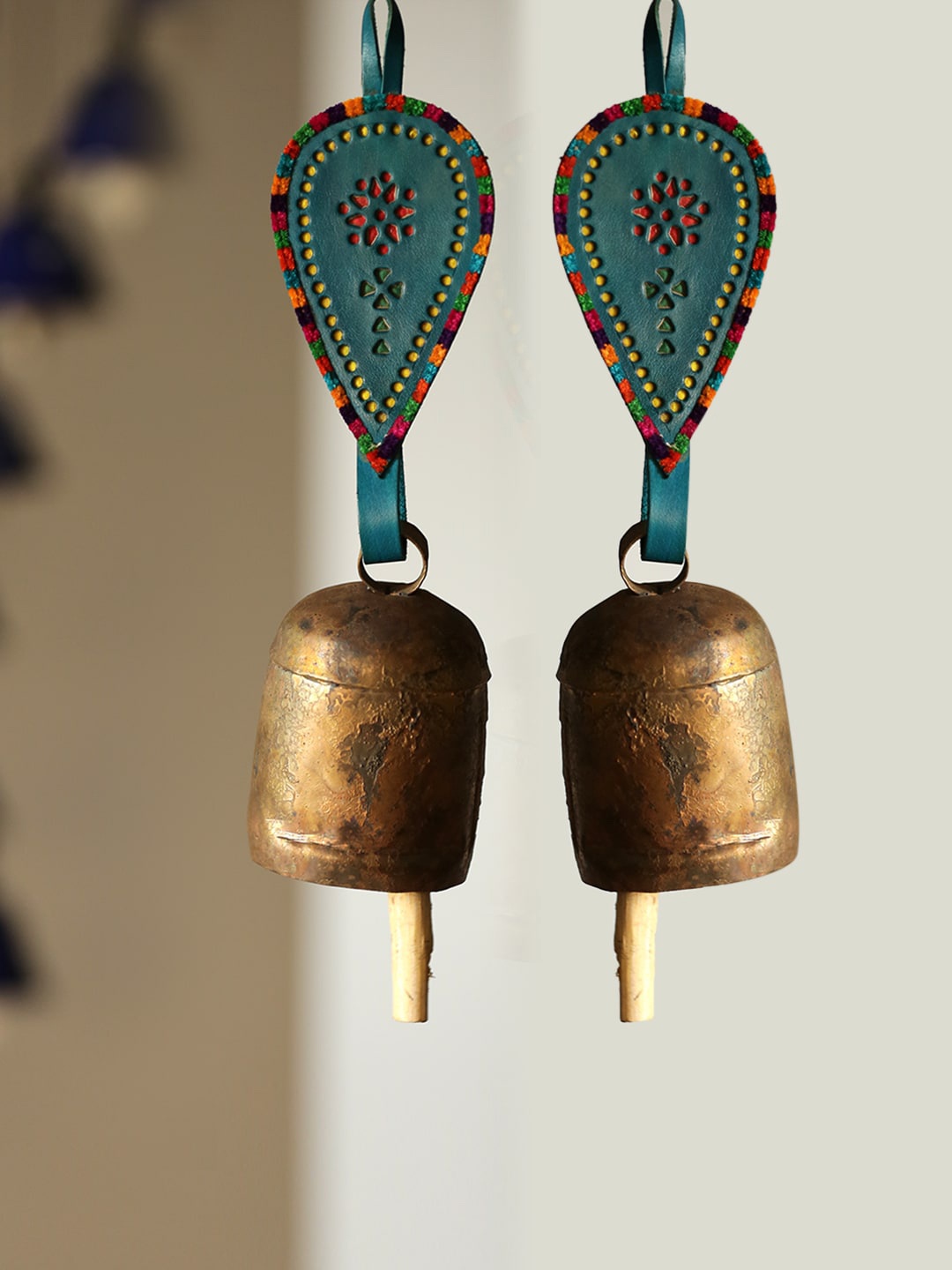 

ExclusiveLane Set Of 2 Brown & Navy-Blue Antique Iron Bell Windchimes With Leather Strap