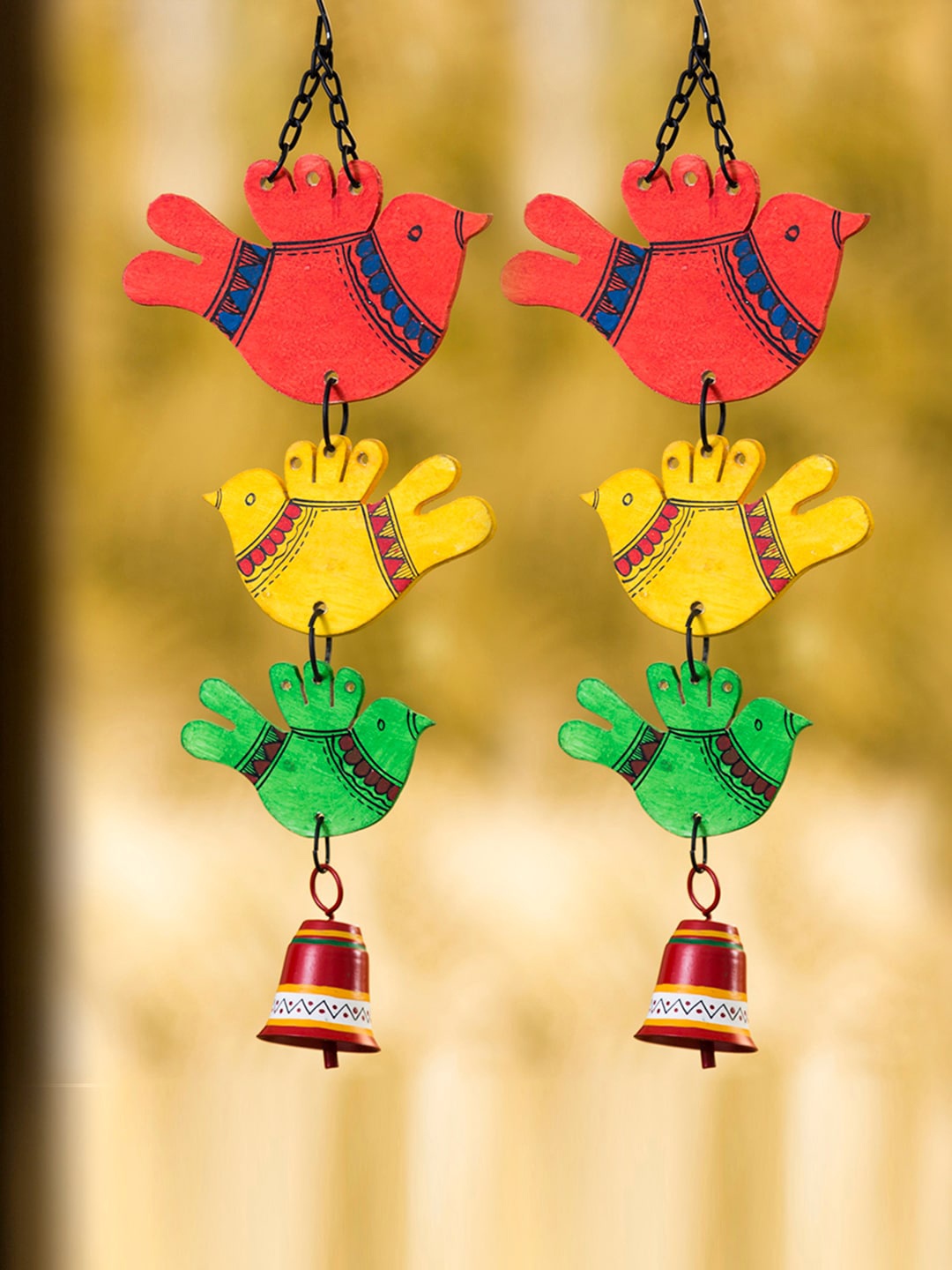 ExclusiveLane Set of 2 Hand-Painted Decorative Hanging Bell Wind Chime In Metal And Wood, Red