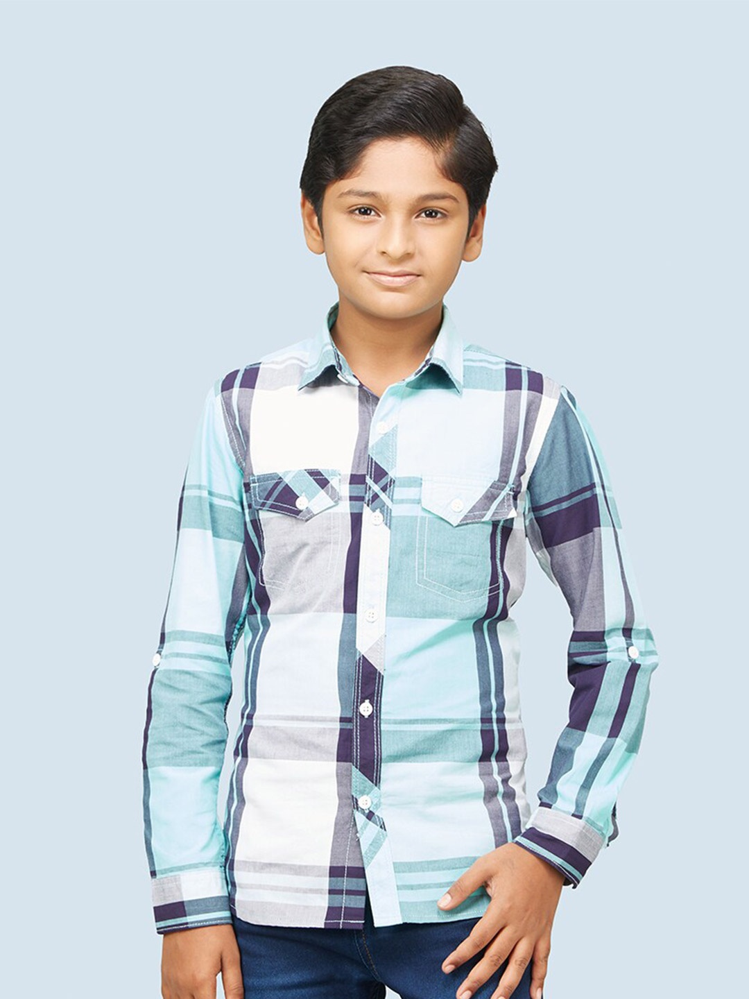 

Zalio Boys Tartan Checks Checked Cotton Casual Shirt, Blue
