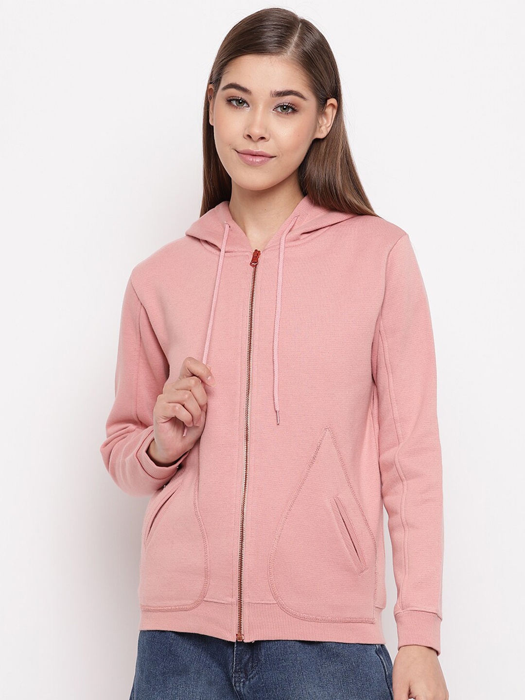 

Miss Grace Women Solid Hooded Front-Open Cotton Sweatshirt, Pink