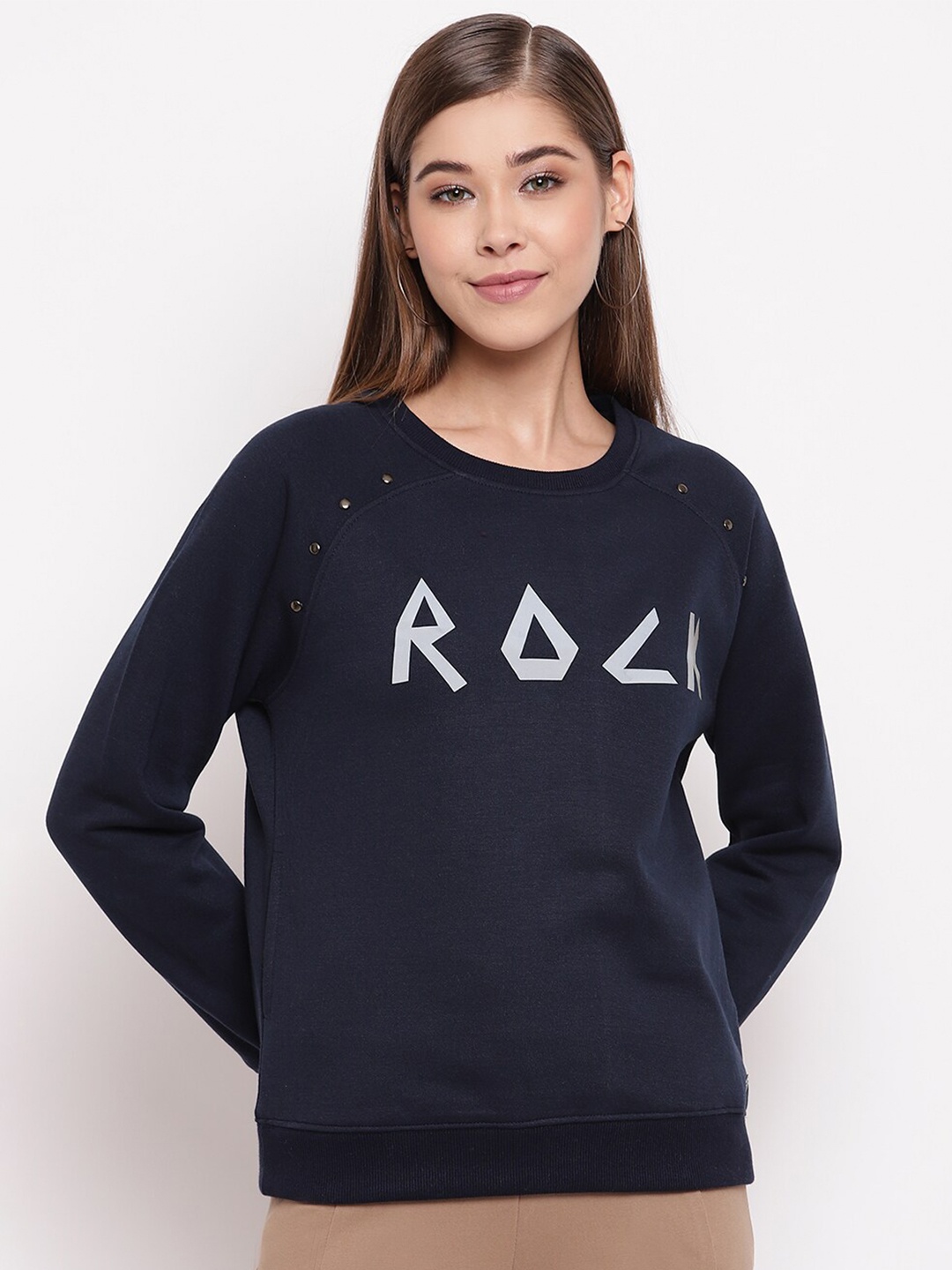 

Miss Grace Women Printed Round Neck Cotton Sweatshirt, Navy blue