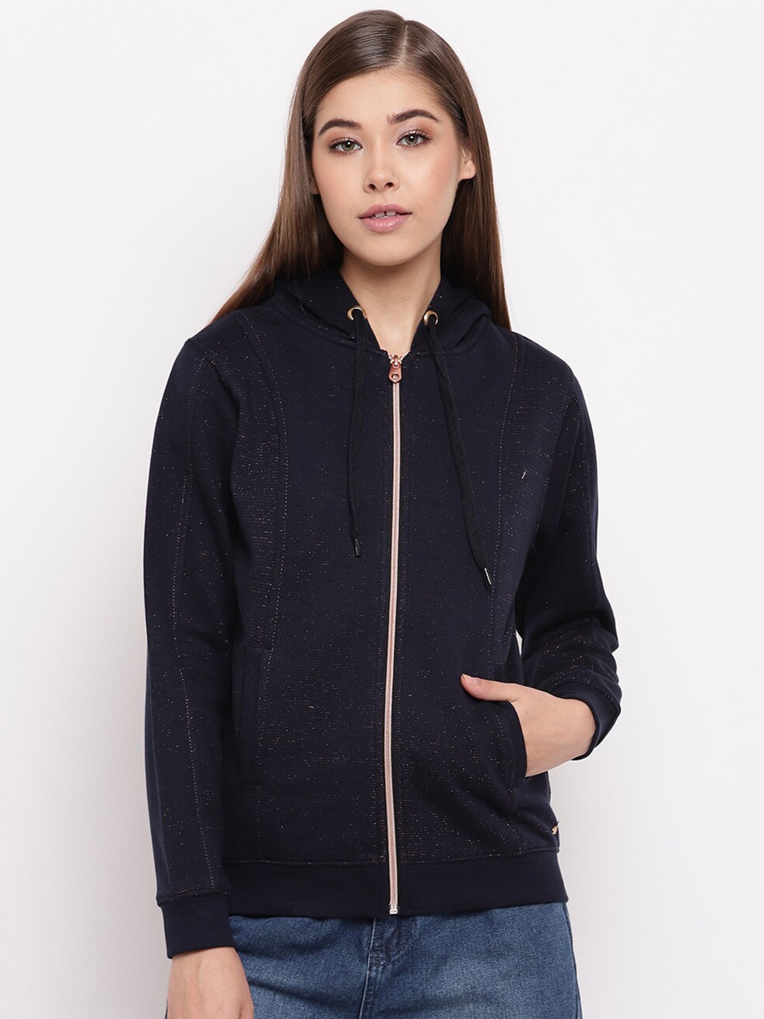 

Miss Grace Women Hooded Front-Open Cotton Sweatshirt, Navy blue