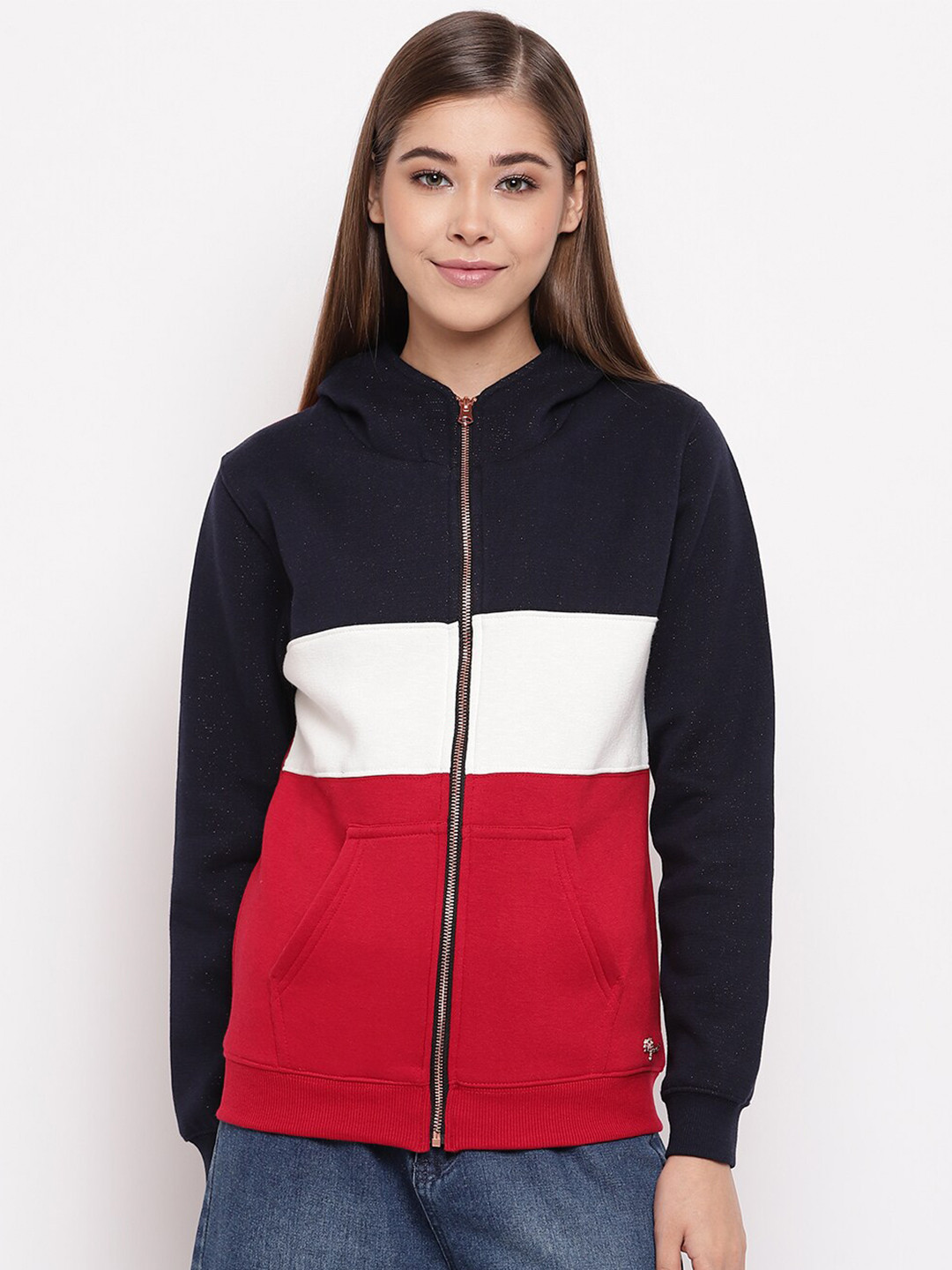 

Miss Grace Women Colourblocked Hooded Front-Open Cotton Sweatshirt, Navy blue