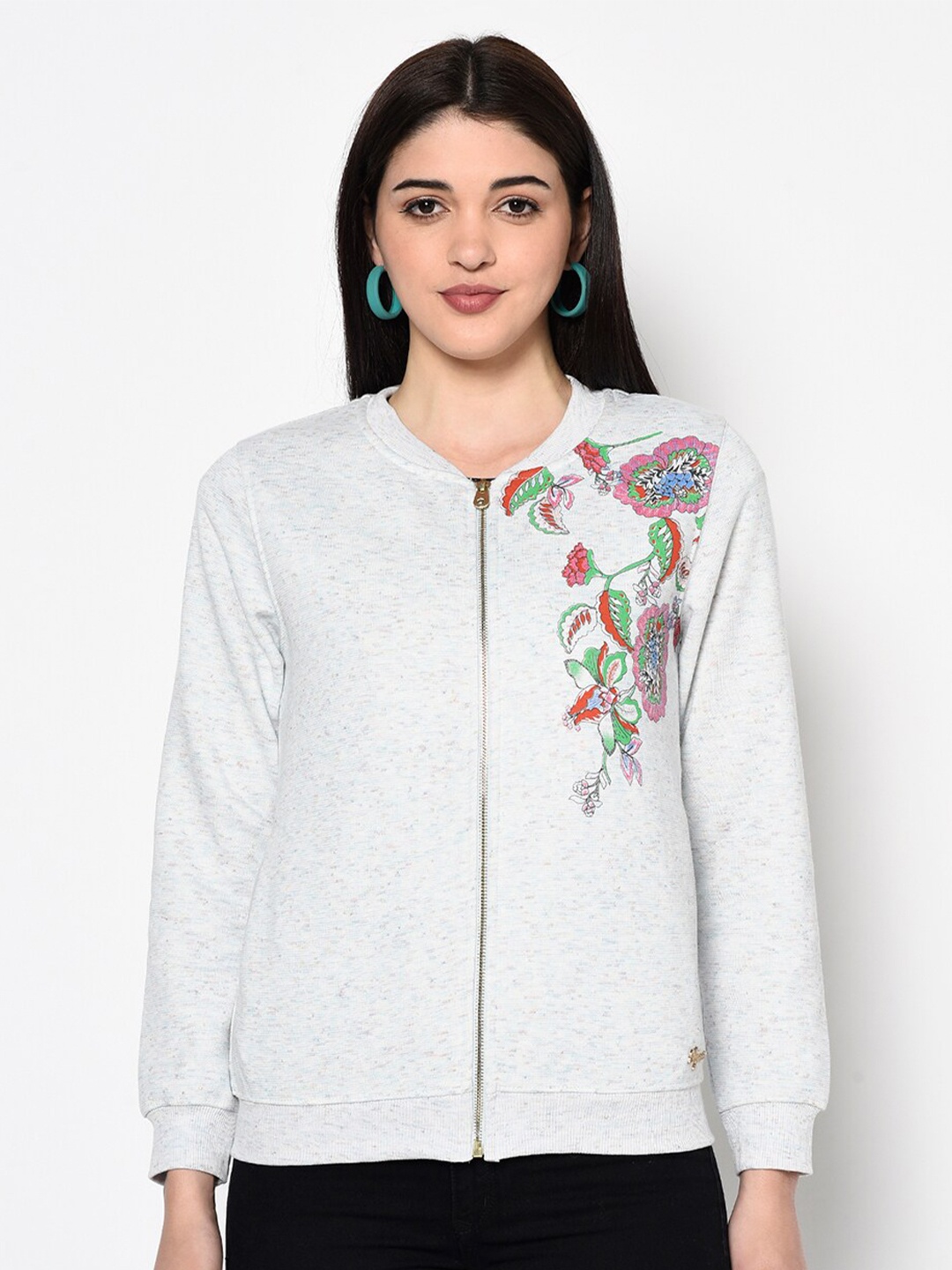 

Miss Grace Women Floral Printed Front-Open Cotton Sweatshirt, Grey