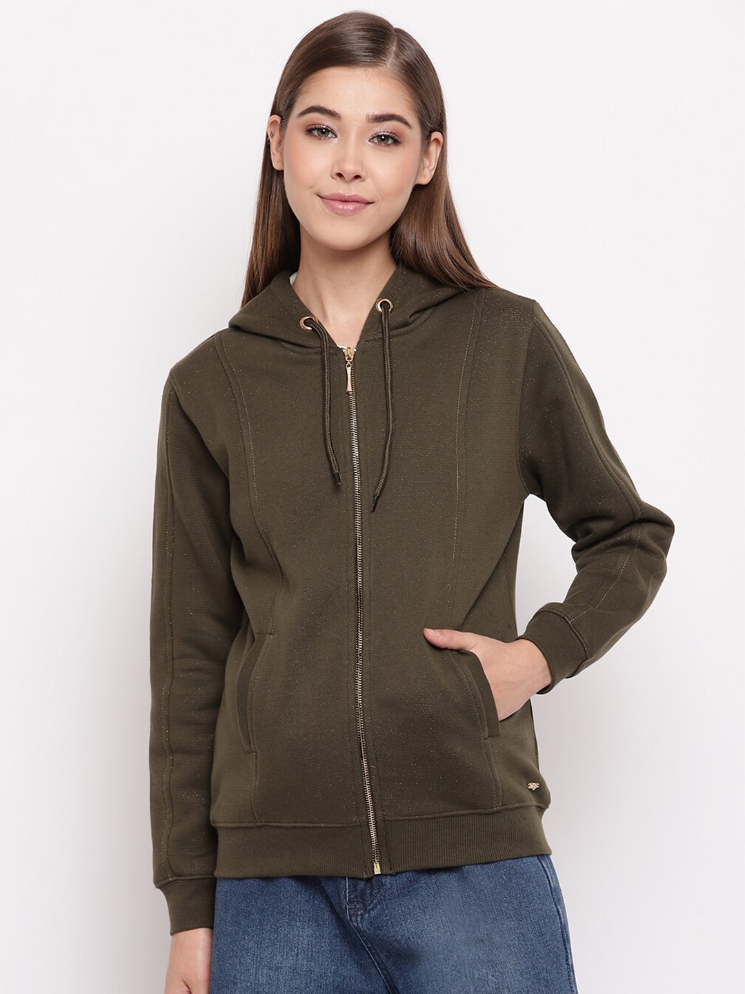 

Miss Grace Women Hooded Front-Open Cotton Sweatshirt, Olive