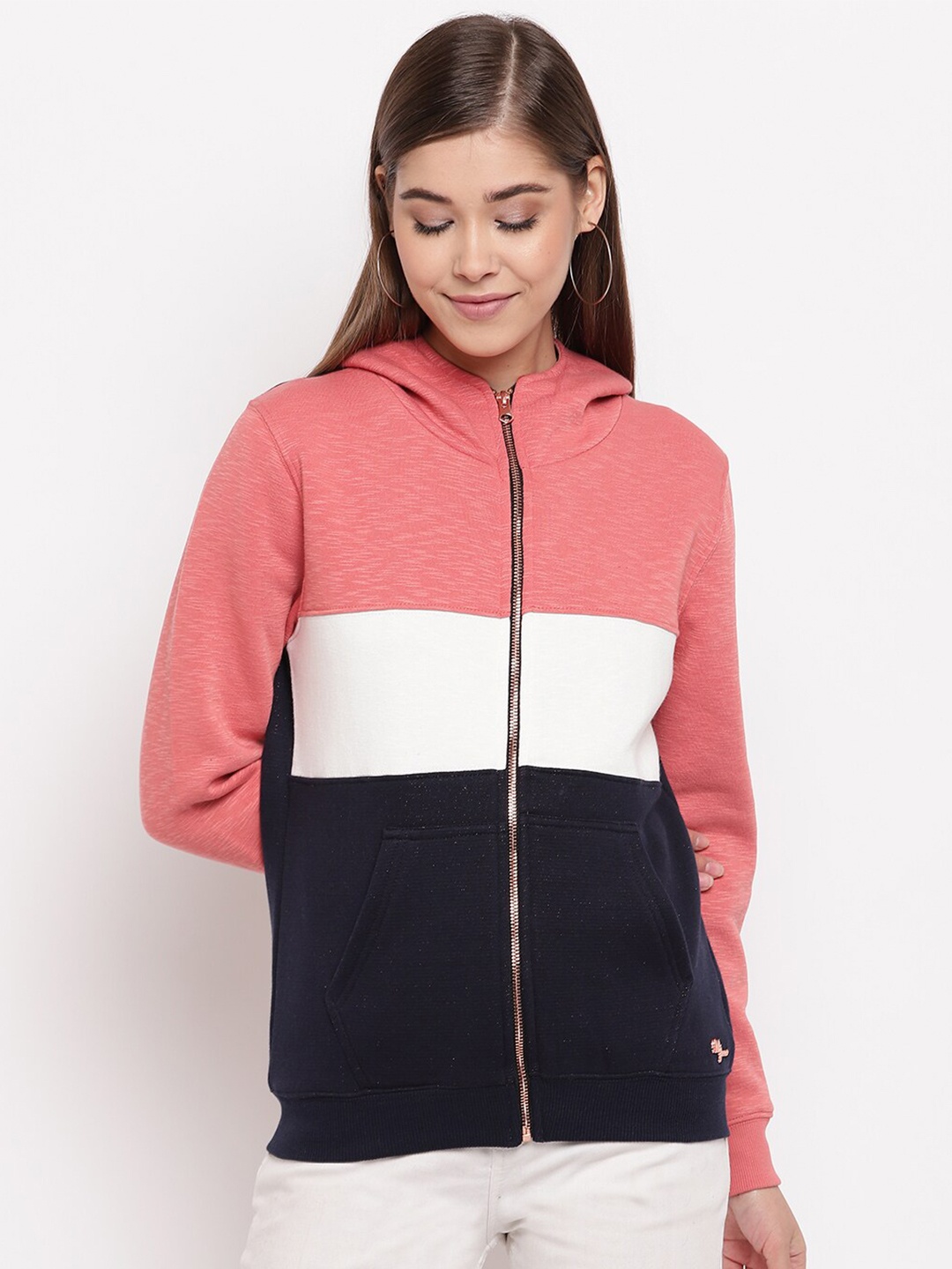 

Miss Grace Women Colourblocked Hooded Front-Open Cotton Sweatshirt, Pink