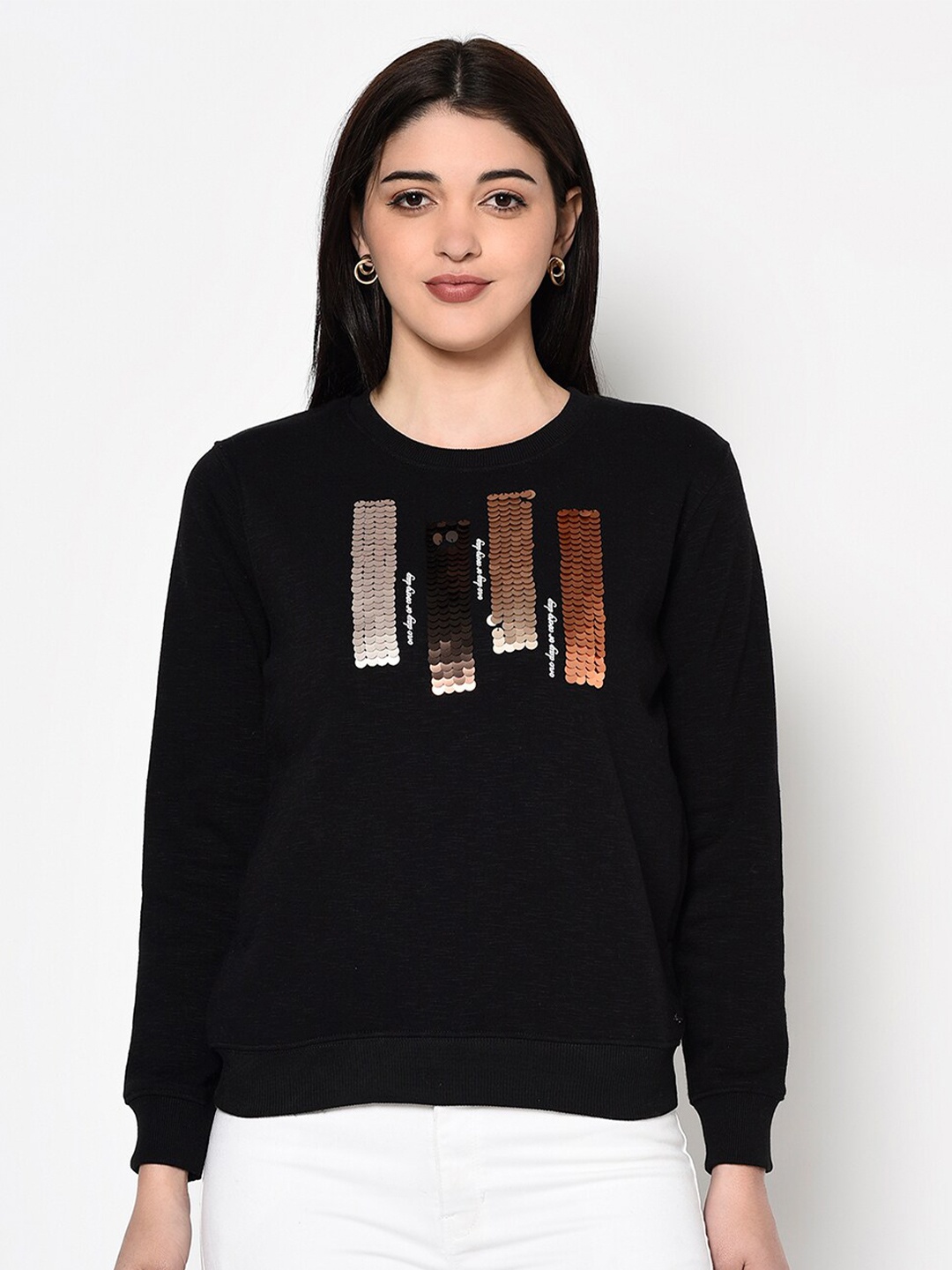 

Miss Grace Women Embellished Cotton Pullover Sweatshirt, Black