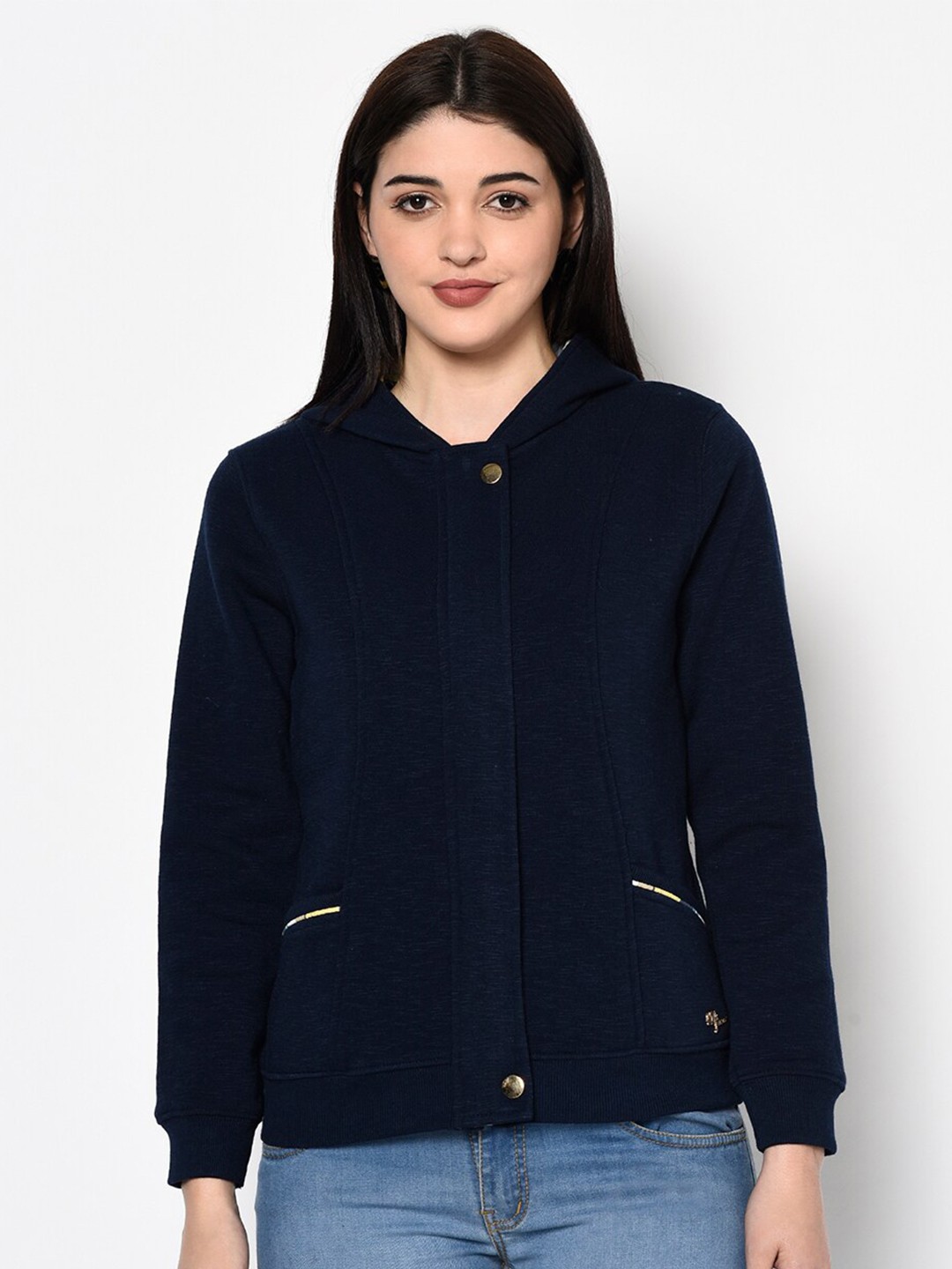 

Miss Grace Women Hooded Front-Open Cotton Sweatshirt, Navy blue