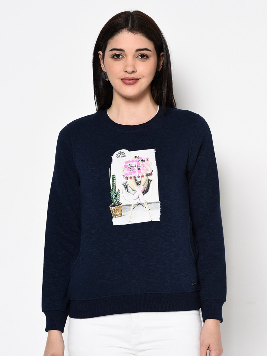 

Miss Grace Women Printed Cotton Sweatshirt, Navy blue
