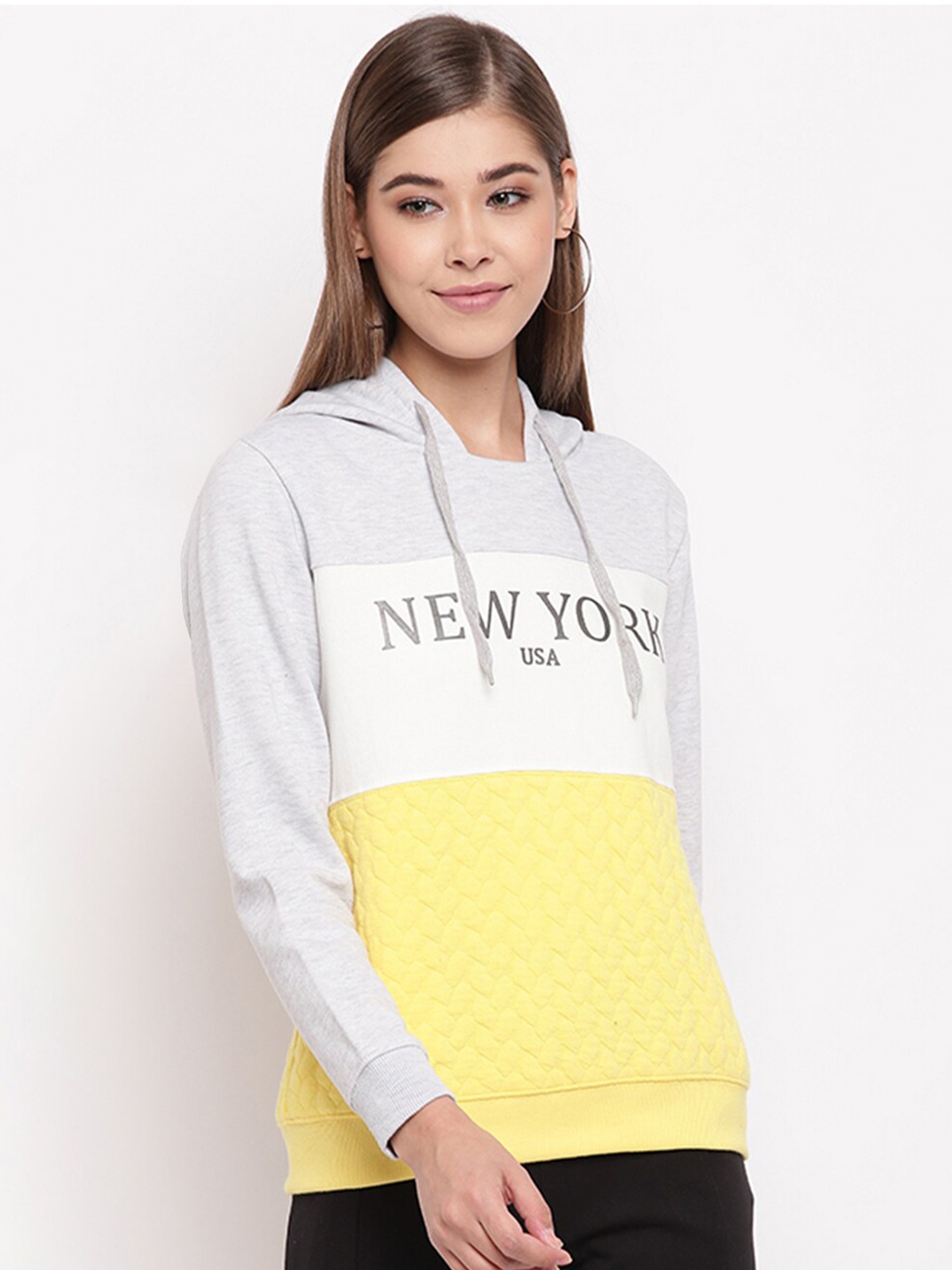 

Miss Grace Women Colourblocked Hooded Cotton Sweatshirt, Yellow