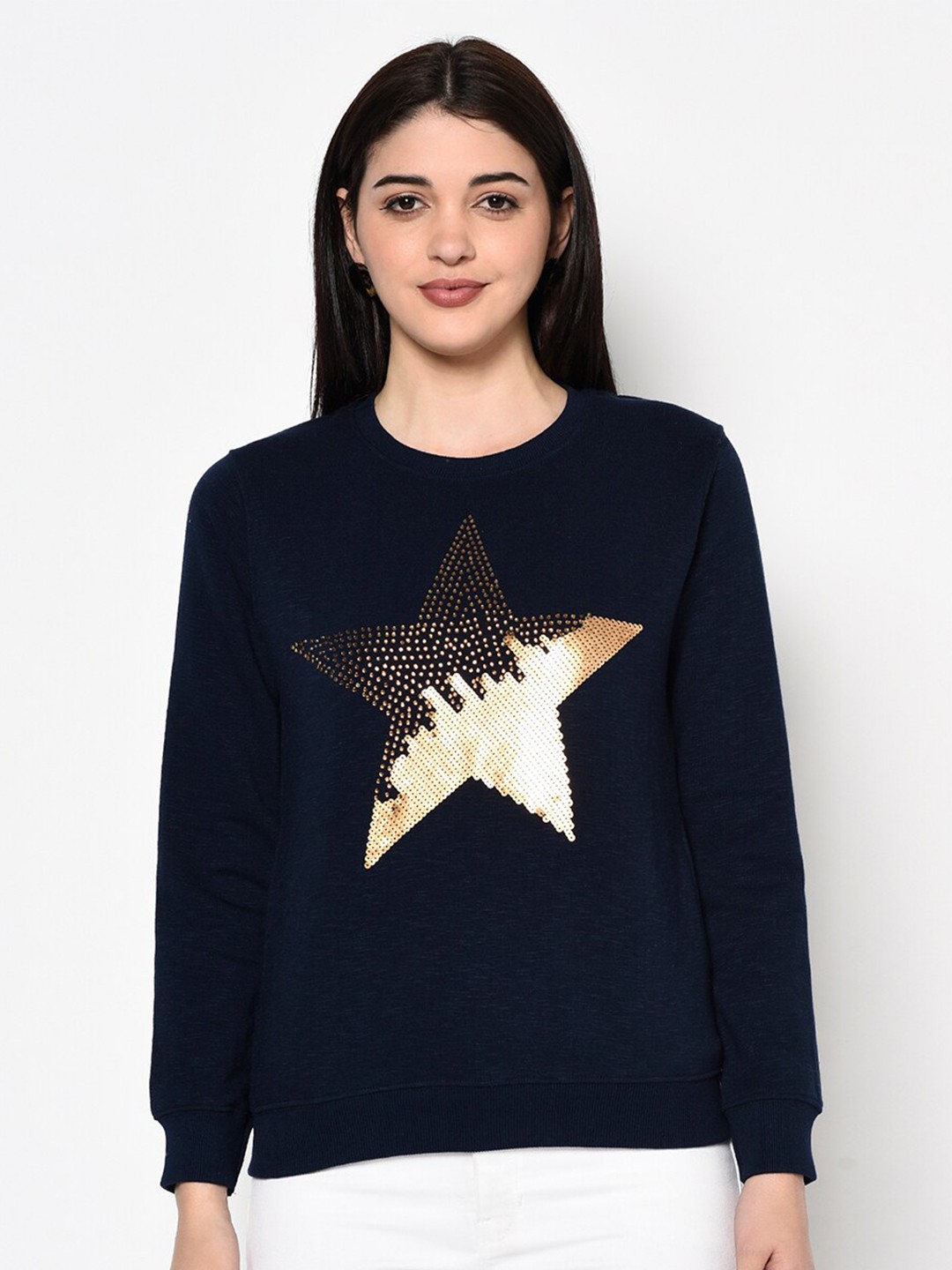 

Miss Grace Women Embellished Cotton Sweatshirt, Navy blue
