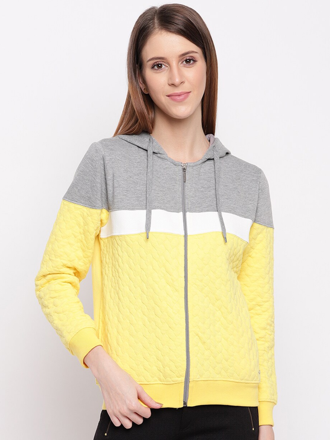 

Miss Grace Women Colourblocked Hooded Cotton Sweatshirt, Yellow