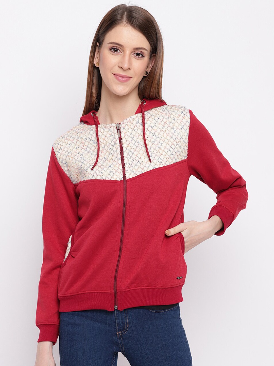 

Miss Grace Women Colourblocked Hooded Cotton Sweatshirt, Maroon