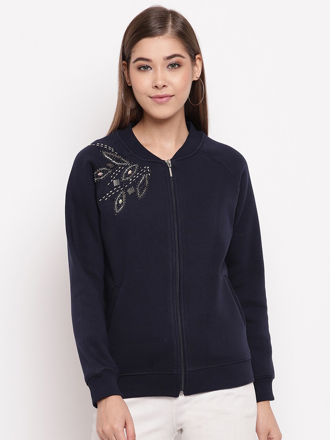 

Miss Grace Women Embellished Front-Open Cotton Sweatshirt, Navy blue