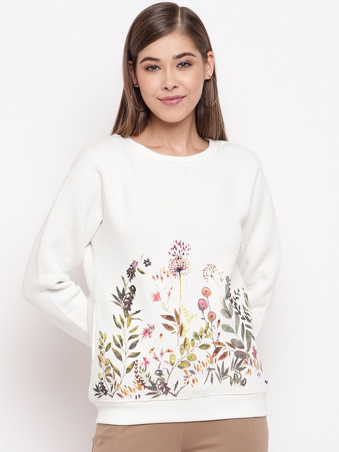 

Miss Grace Women Floral Printed Cotton Sweatshirt, Off white