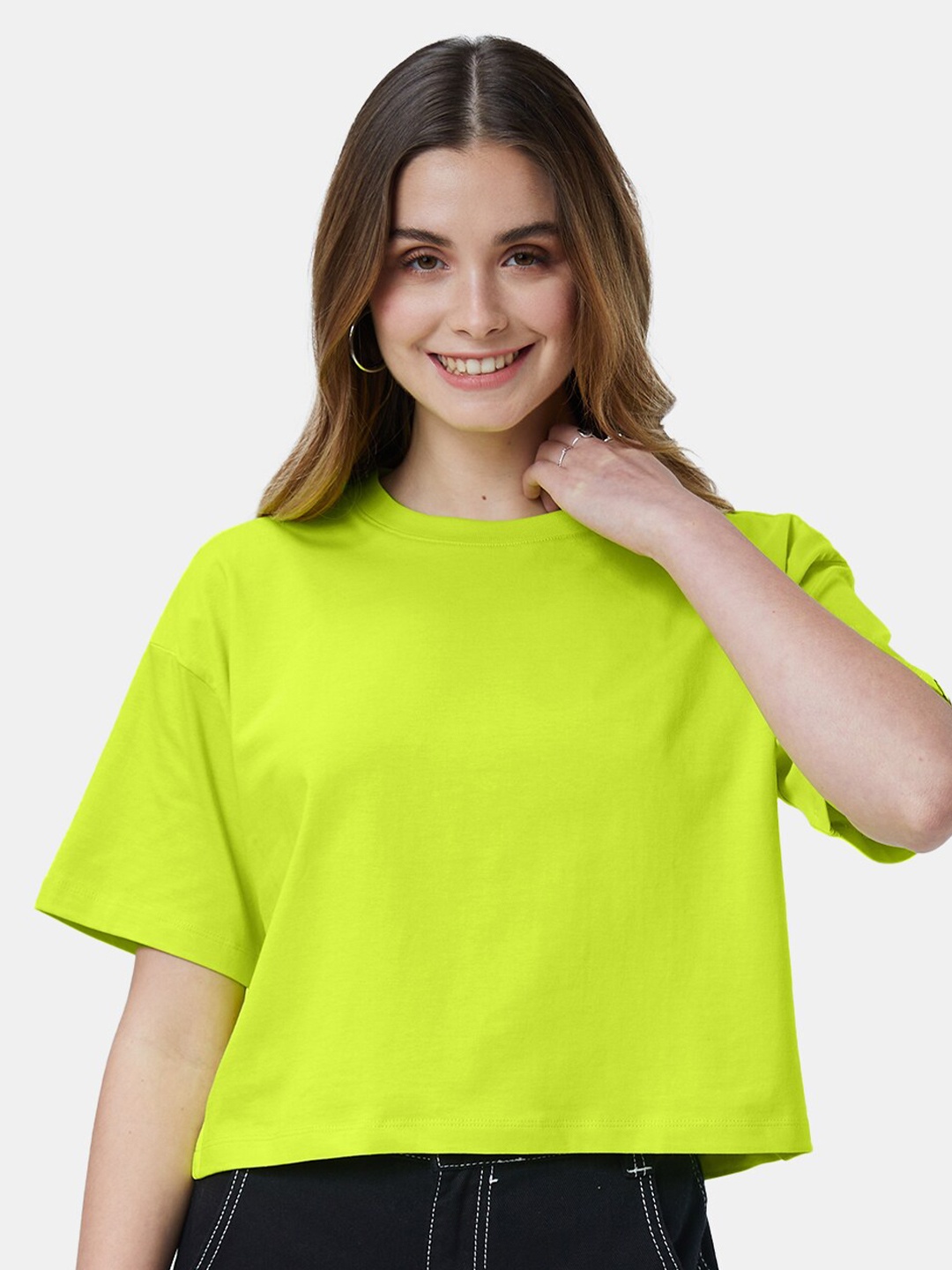 

The Souled Store Women Drop-Shoulder Sleeves Pure Cotton Oversize Oversized T-shirt, Lime green