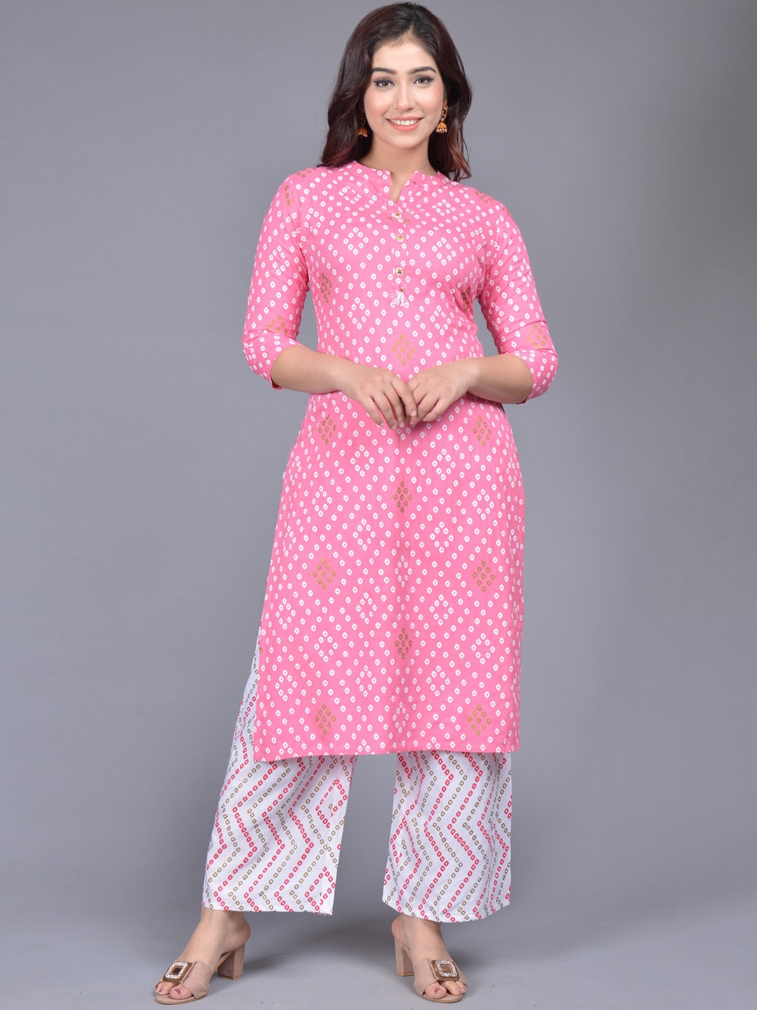 

ROOPWATI FASHION Women Bandhani Printed Kurta with Palazzos, Pink