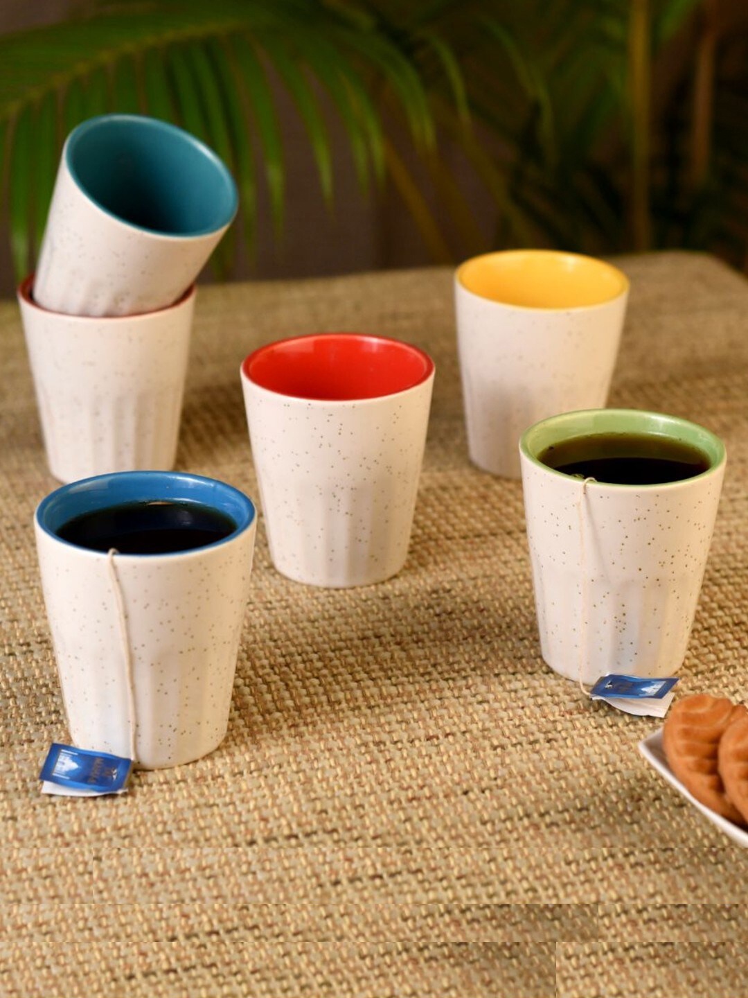 

Unravel India White & Green Set of 6 Ceramic Matte Coffee Mugs 110 ml Each