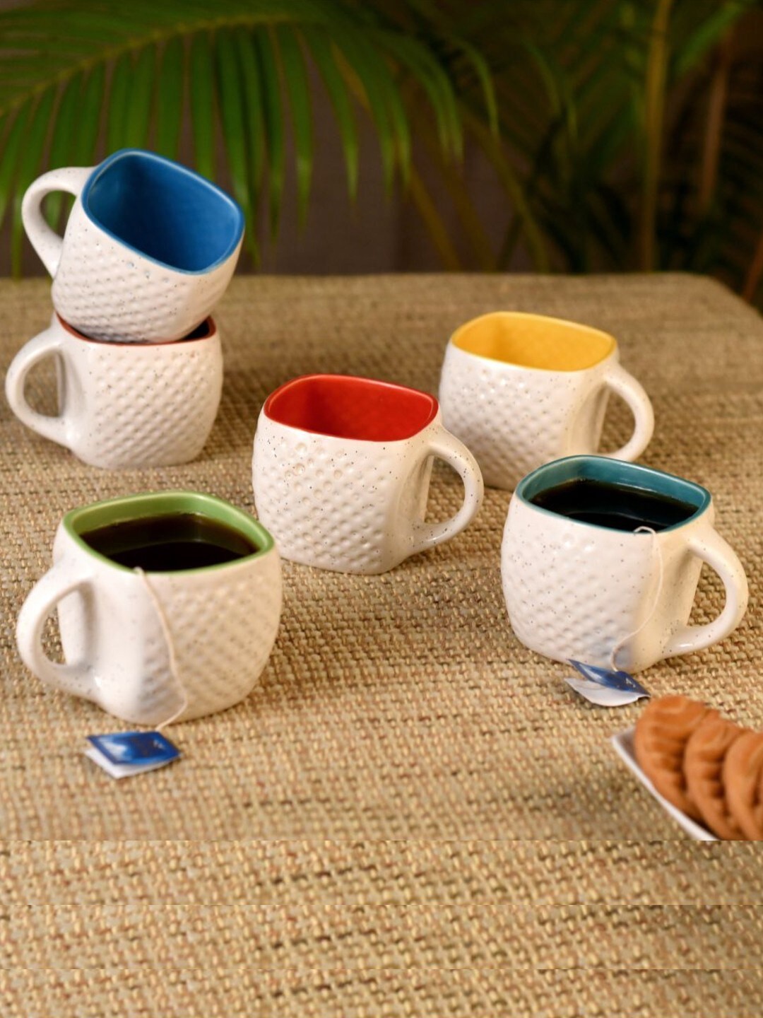 

Unravel India White & Green Set of 6 Textured Ceramic Matte Coffee Mugs 150 ml Each