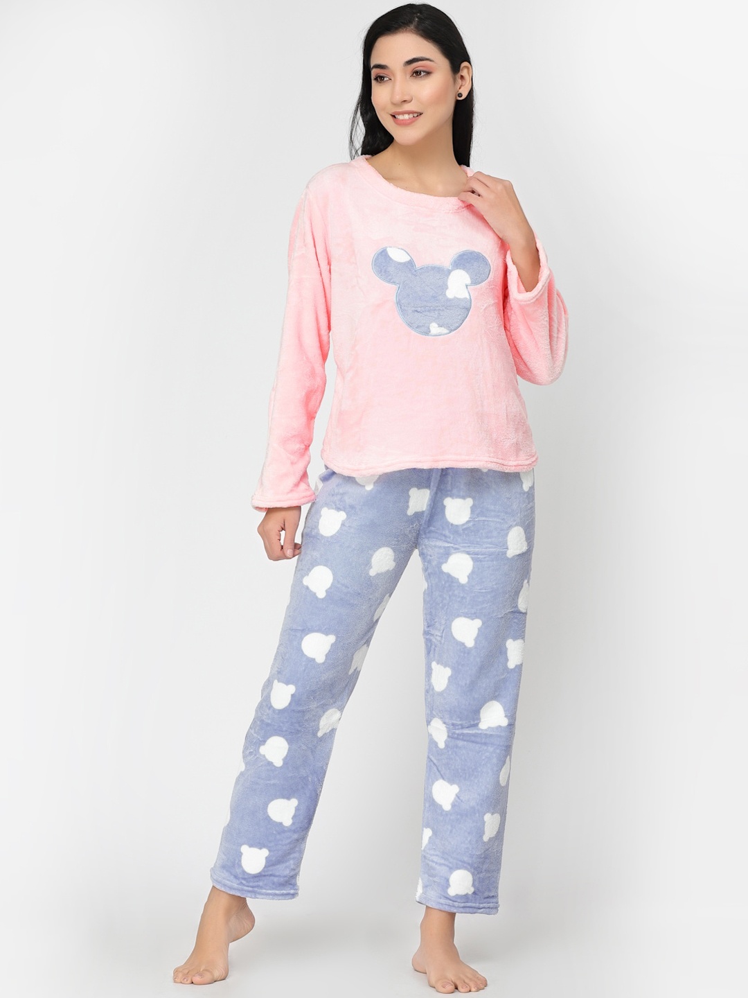 

KLOTTHE Women Cartoon Characters Printed Woolen Night Suit, Pink
