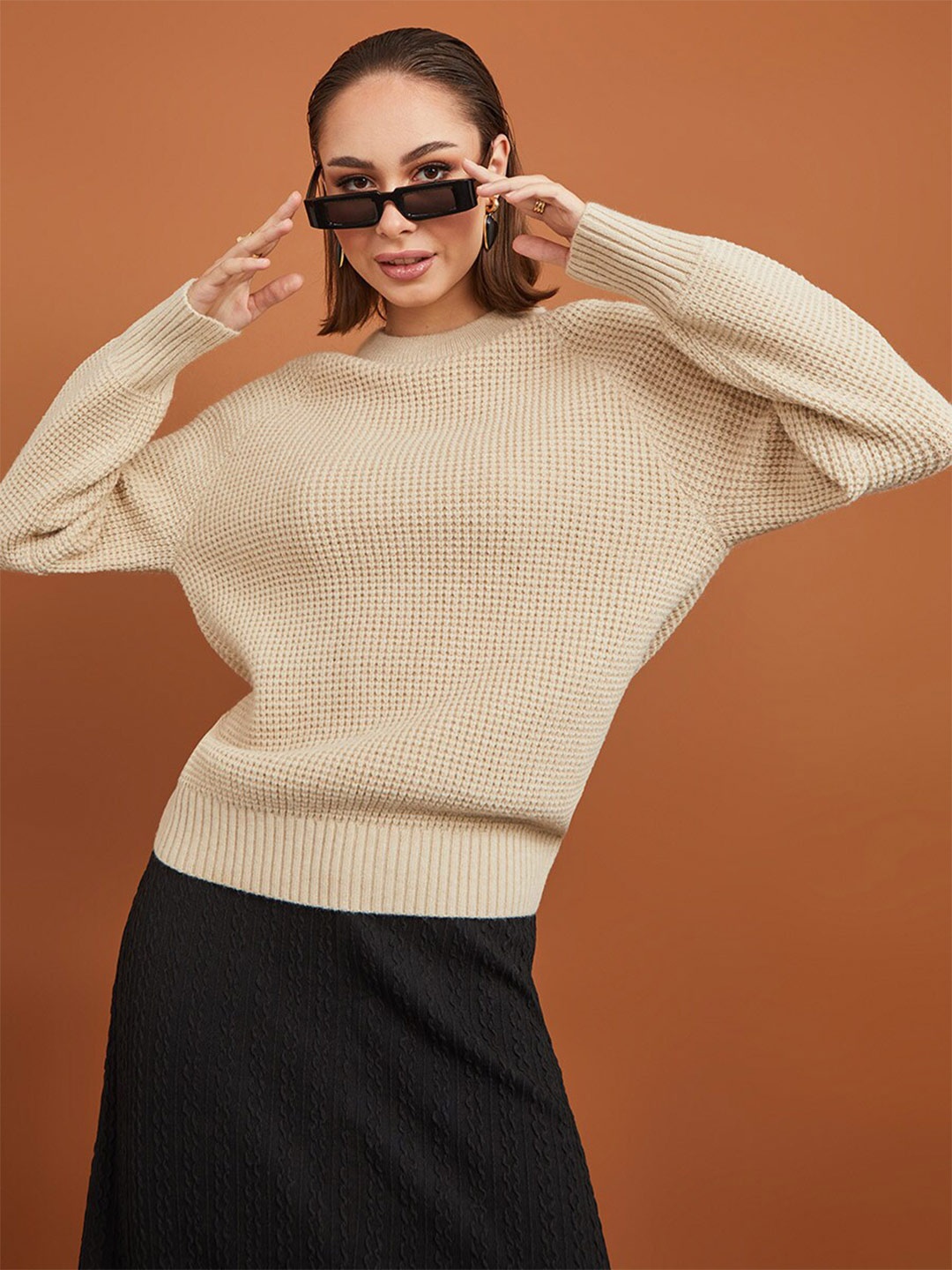 Styli Women Open Knit Acrylic Pullover, Beige