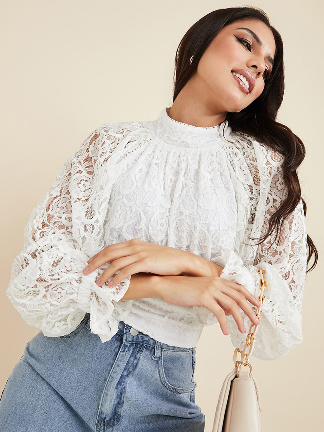 

Styli Cinched Waist With Puff Sleeve Top, White