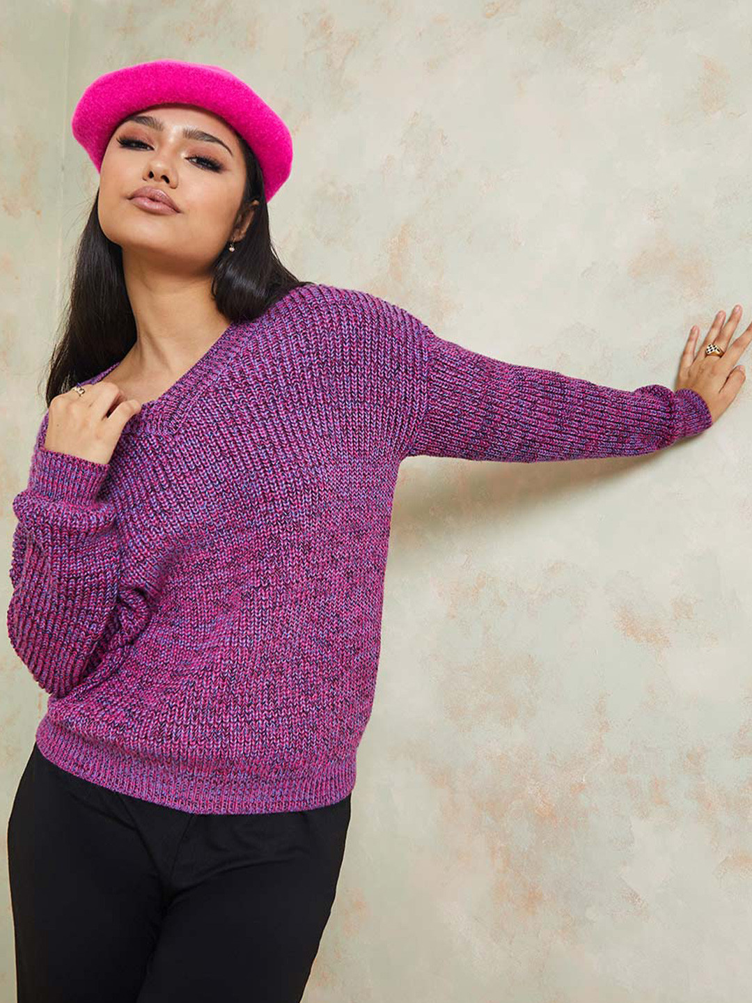 

Styli Women Cable Knit Pullover, Purple
