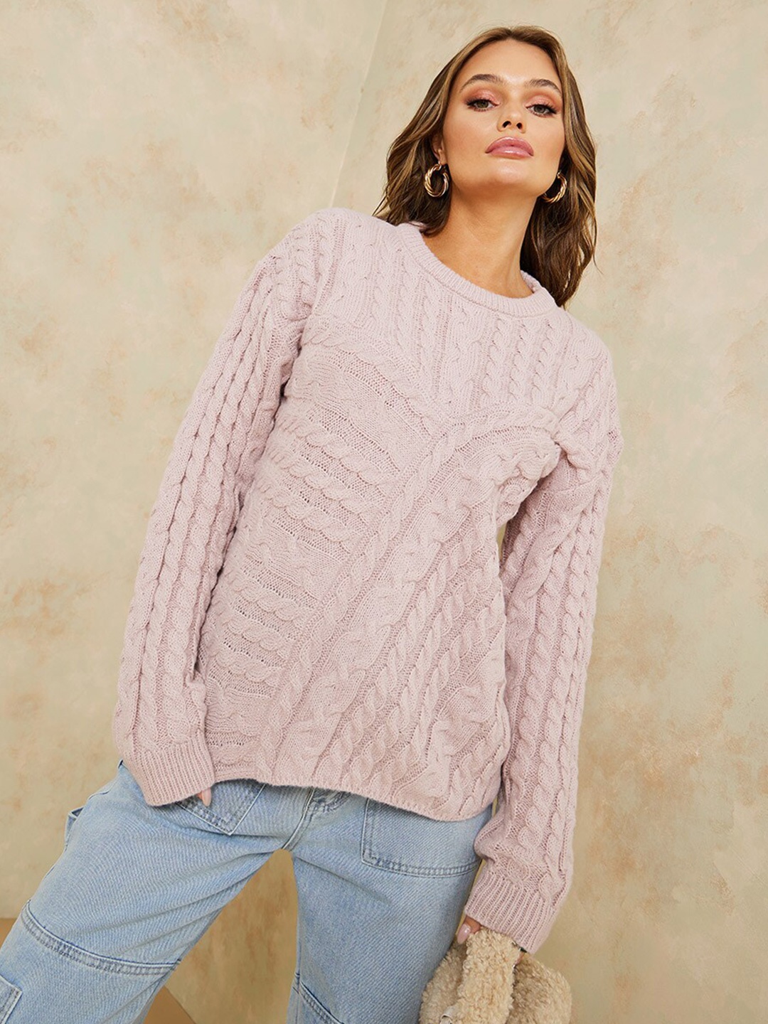 

Styli Women Cable Knit Pullover, Pink