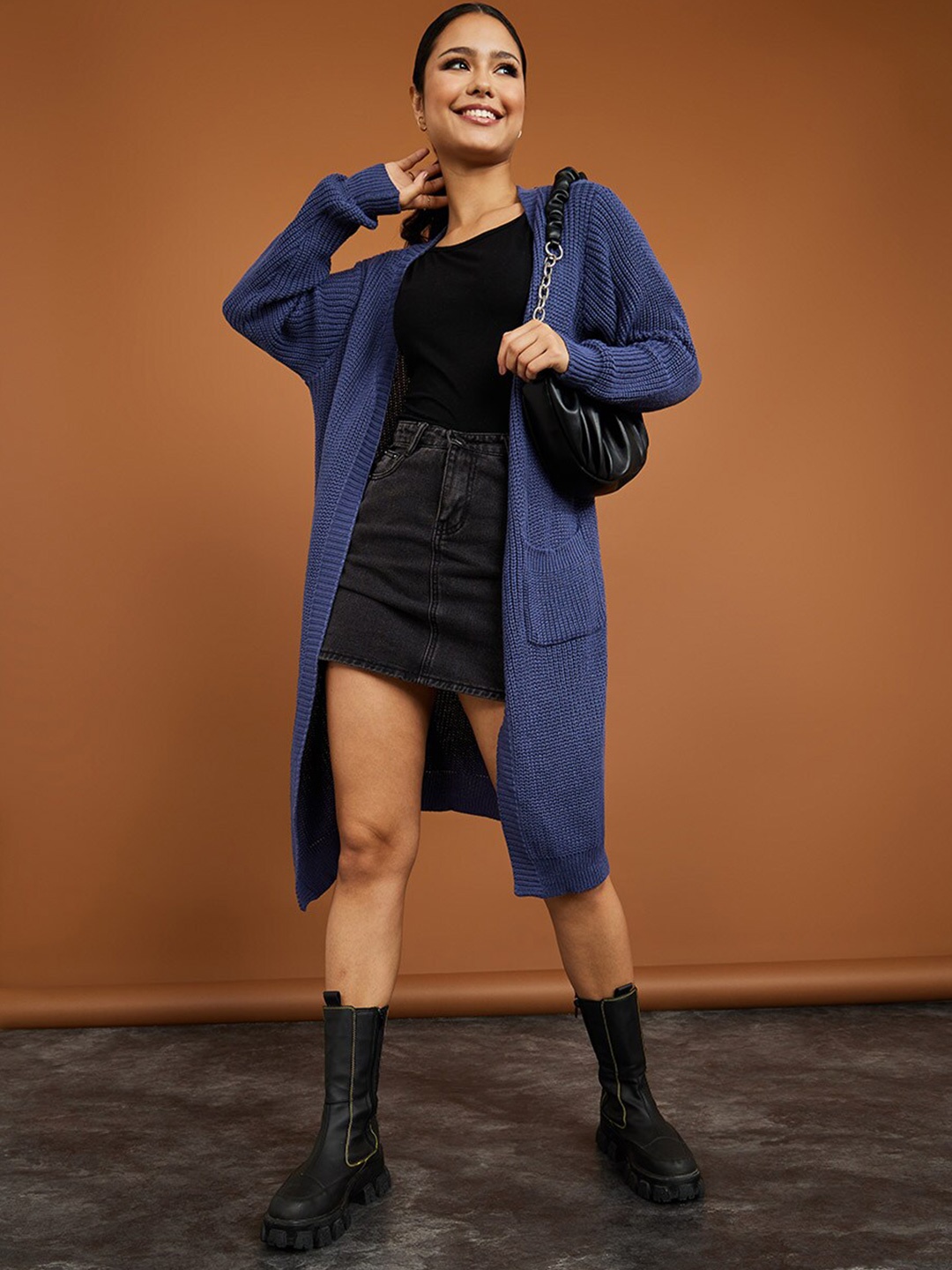 

Styli Women Ribbed Longline Front Open Cardigan, Blue