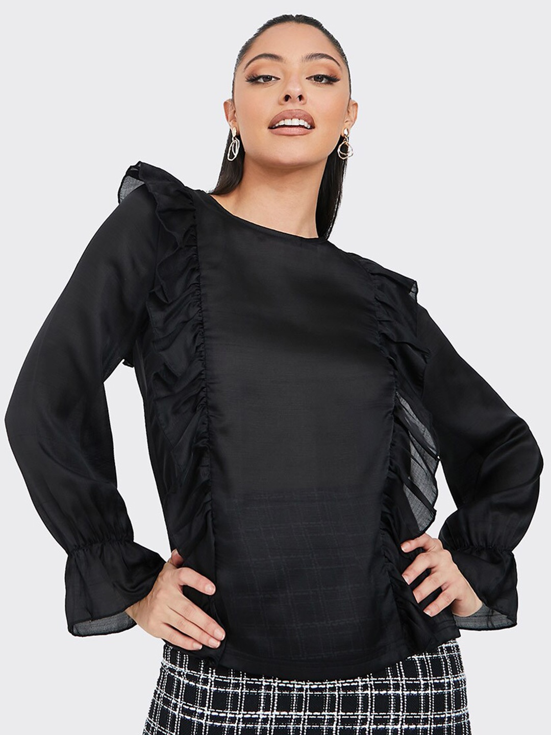 

Styli Ruffle Bell Sleeves Top, Black