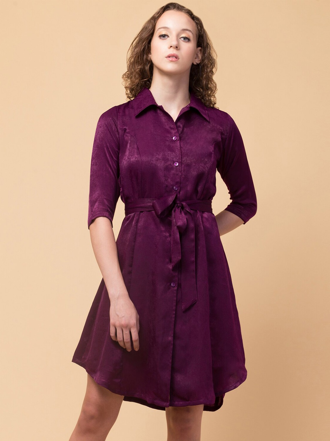 

Hive91 Shirt Collar Tie-Up Shirt Dress, Maroon