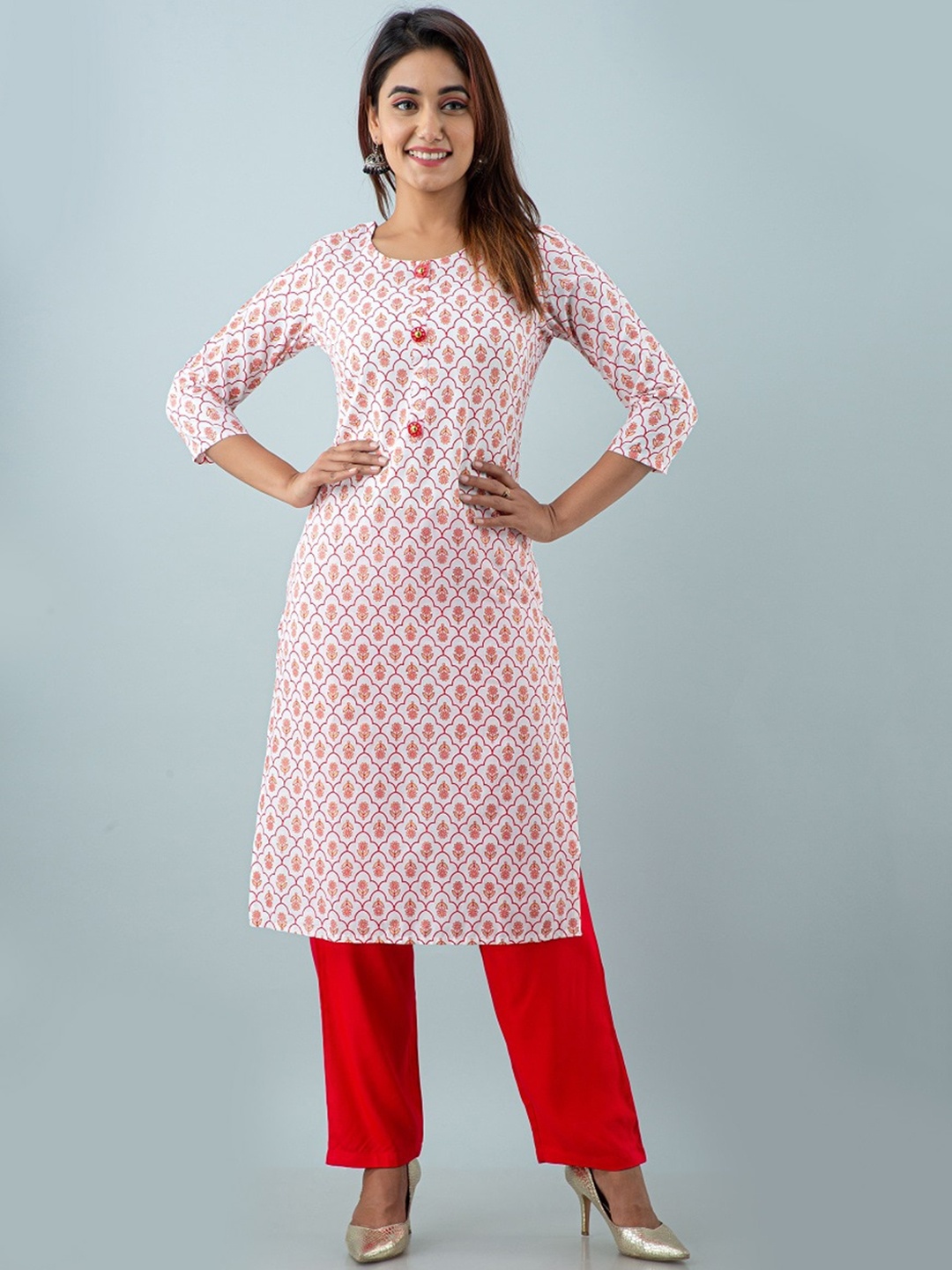 

SKY SHOPPIE Women Red Ethnic Motifs Printed Pure Cotton Kurta with Trousers