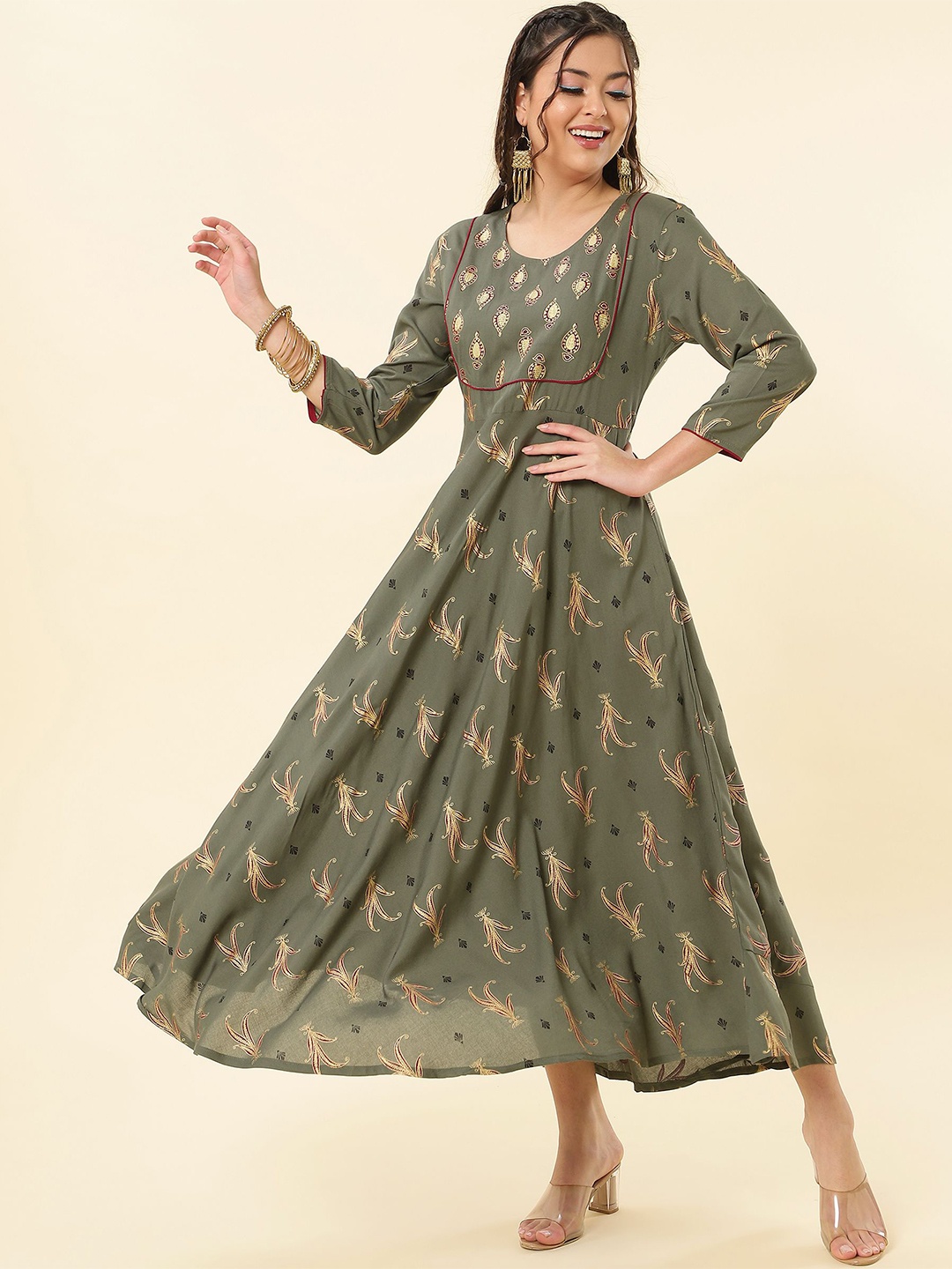 NAYRAH Ethnic Motifs Printed Round Neck Fit & Flare Maxi Dress, Olive