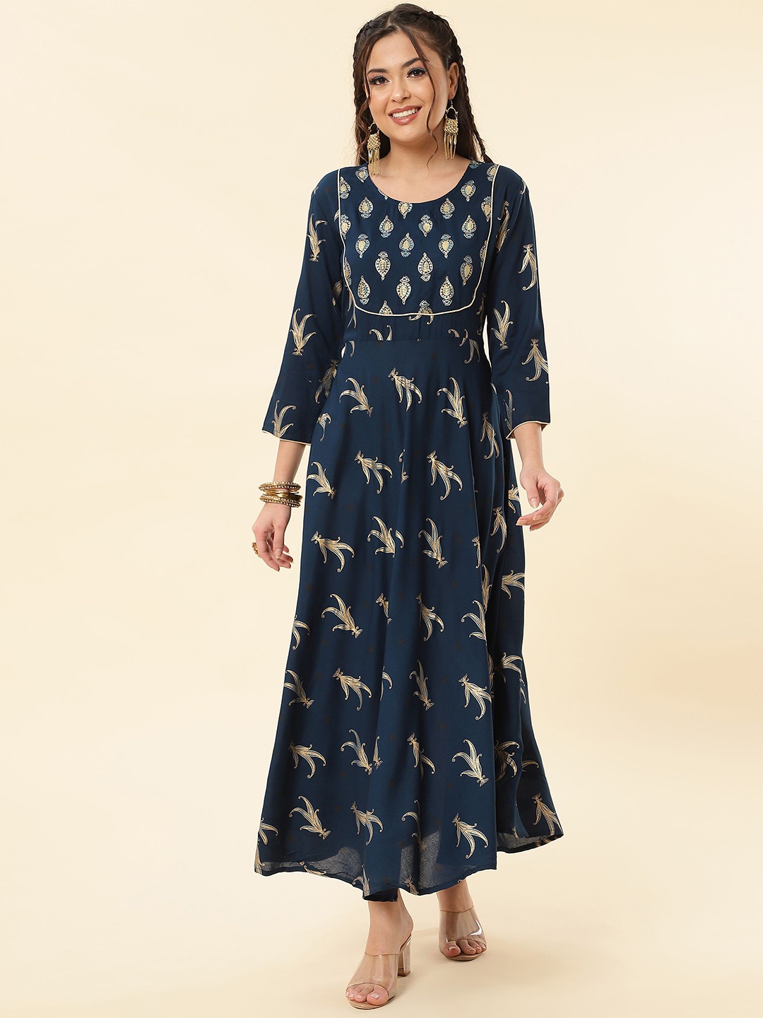 

NAYRAH Ethnic Motifs Printed Round Neck Fit & Flare Maxi Dress, Blue